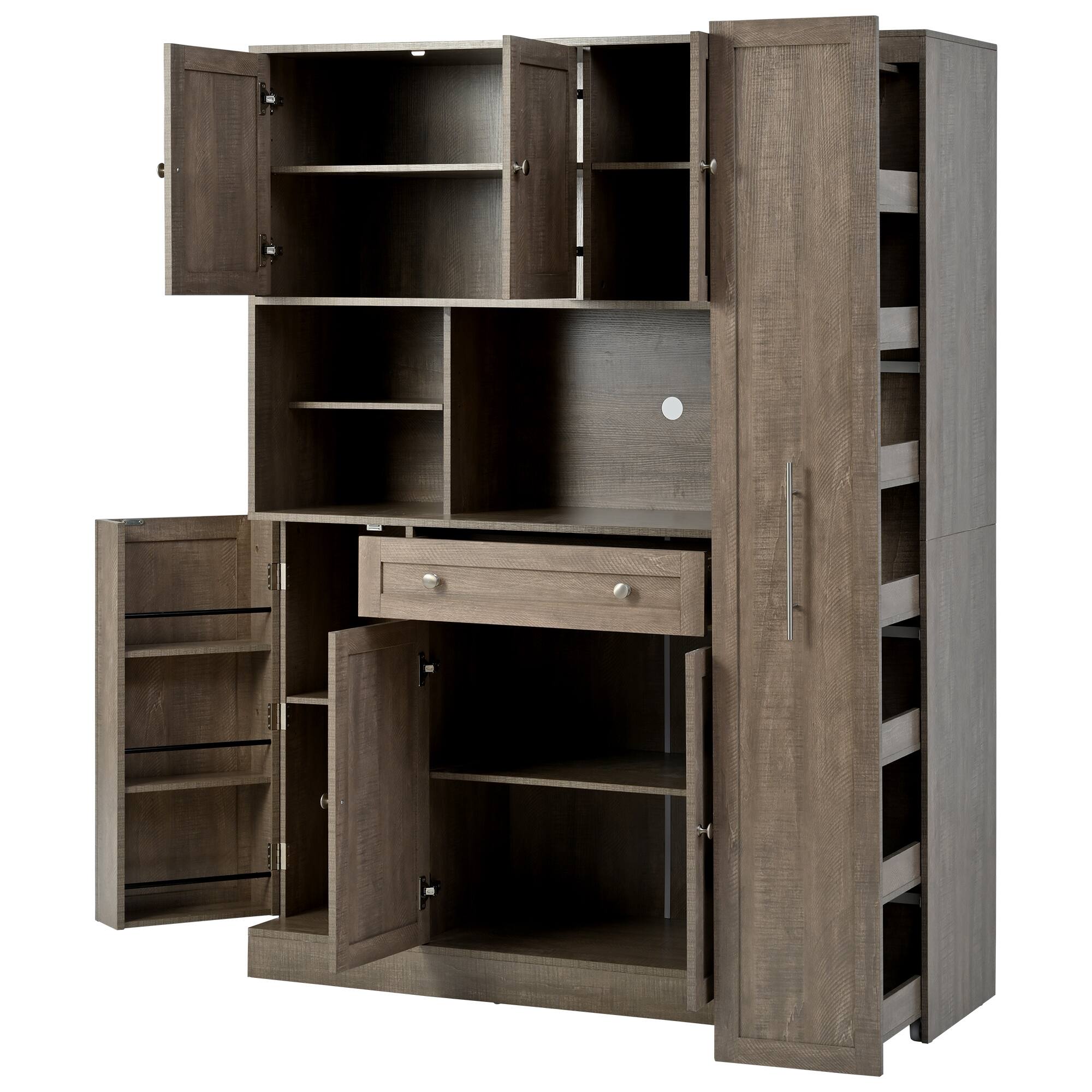 Alt View 8. Forest'nSky - 70" Tall Buffet with Hutch, Large Kitchen Pantry with Pull-Out Side Cabinet & Door Shelves, Brown - Brown.