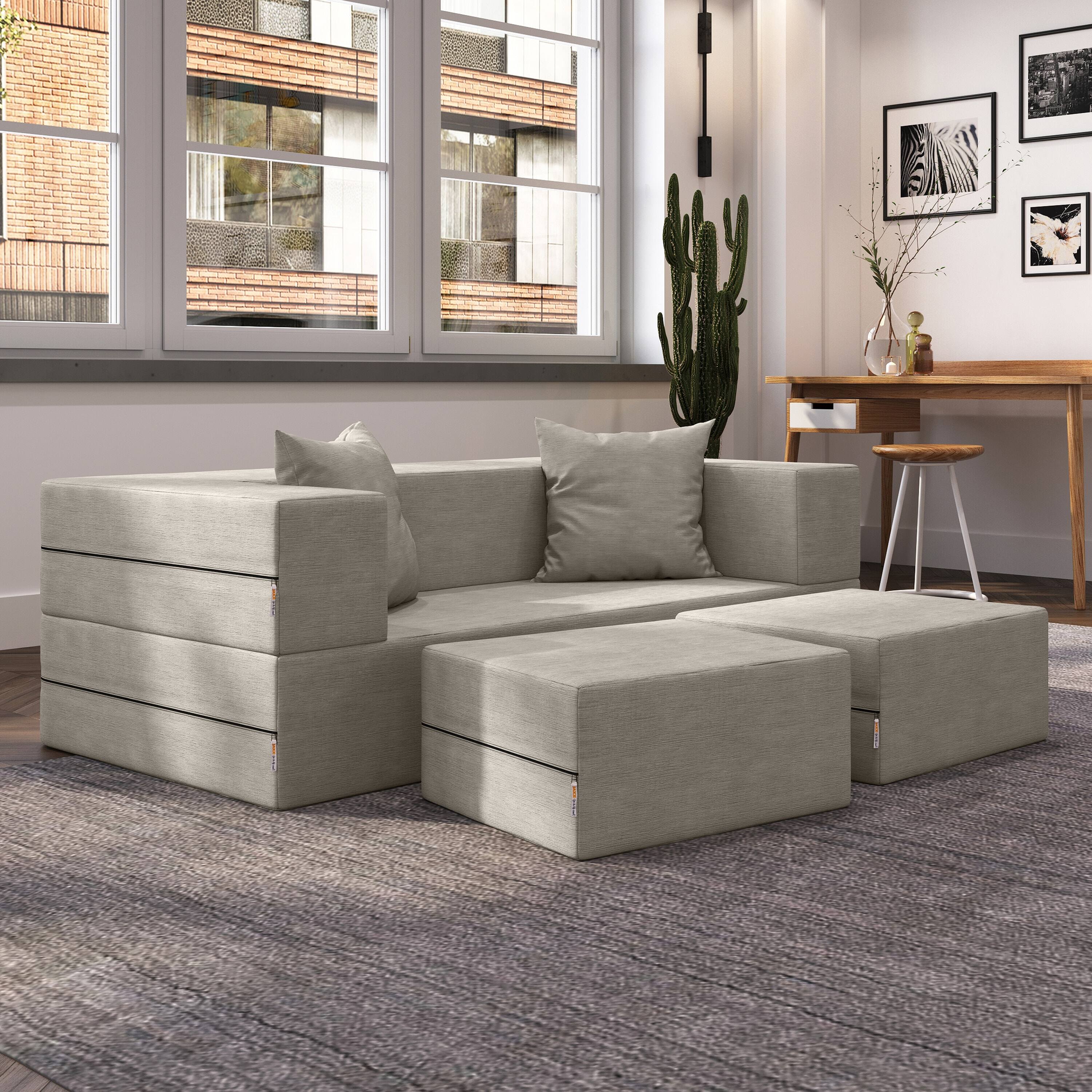 Left. Jaxx - Jaxx Zipline Convertible Sleeper Loveseat & Ottomans, Textured Microvelvet - Dove Grey - Pewter.