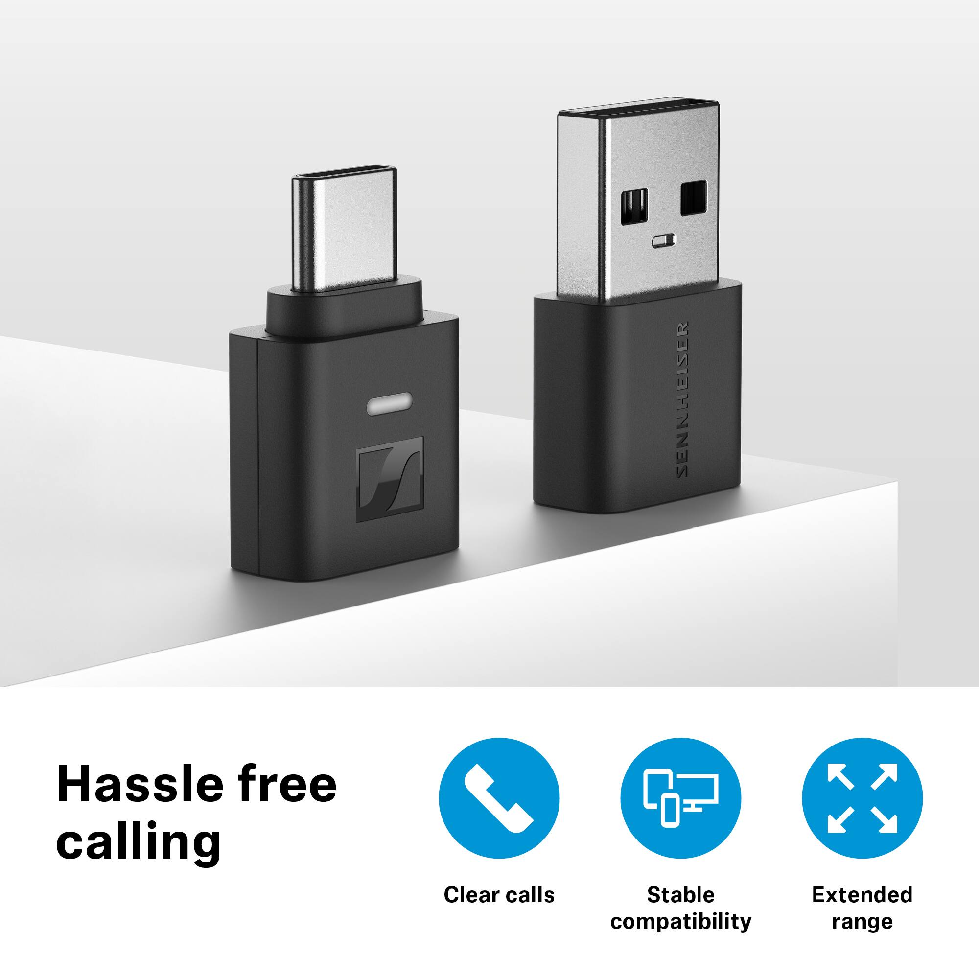 The text on the image reads: "H SENKHEISER Hassle free calling Clear calls Stable Extended compatibility range."