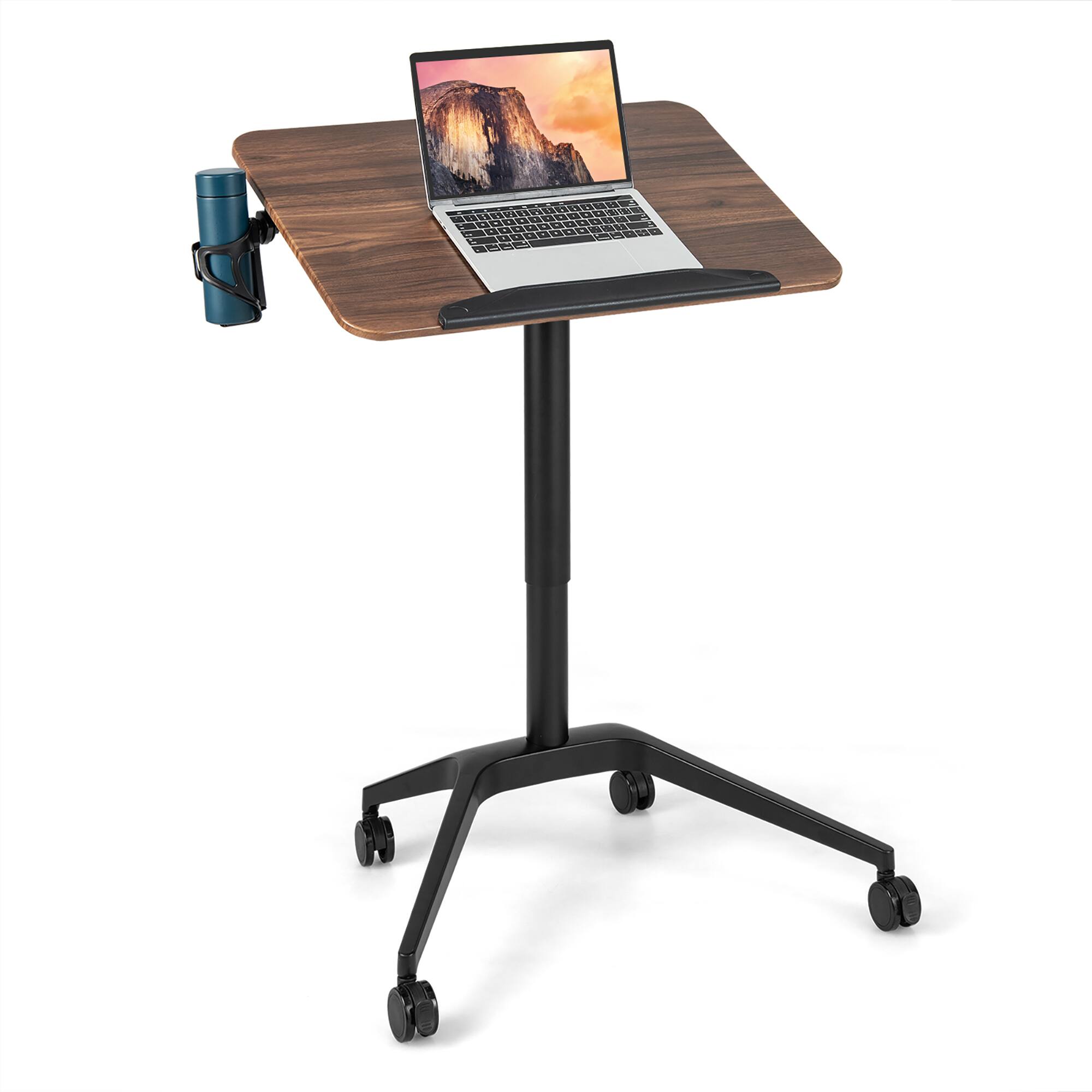 Front. Costway - Costway Pneumatic Standing Desk Tilting Adjustable Laptop Cart Mobile Podium Cup Holder - Brown,Black.