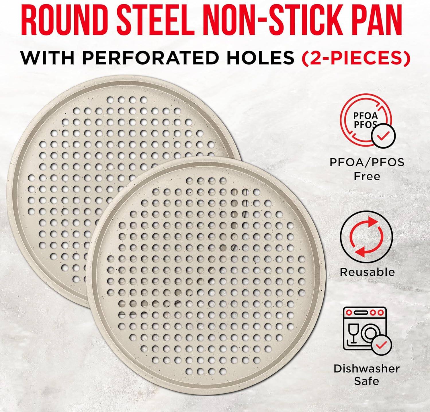 ROUND STEEL NON-STICK PAN WITH PERFORATED HOLES (2-PIECES) PFOA/PFOS Free Reusable Dishwasher Safe