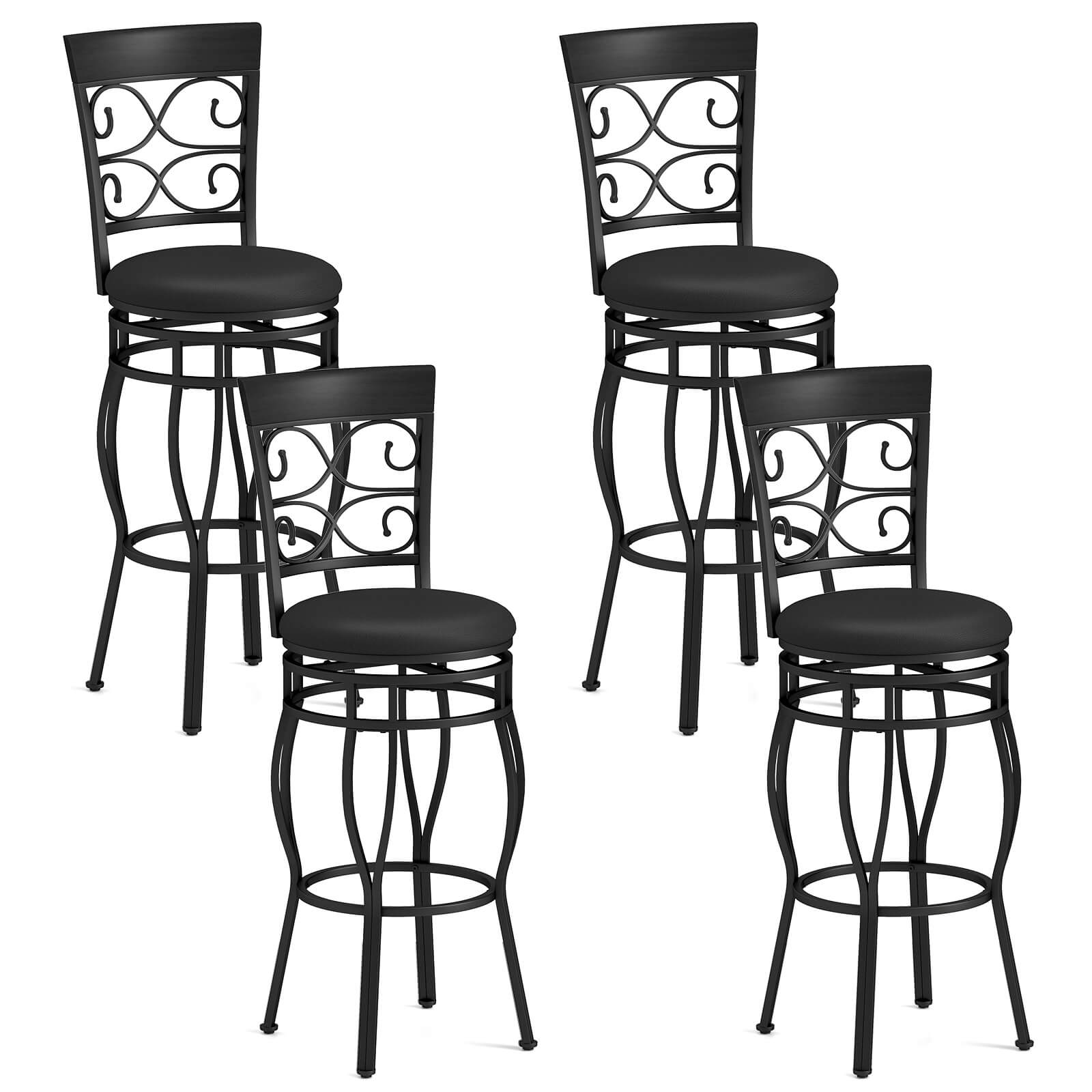 Front. Costway - Costway Set of 4 Vintage Swivel Bar Stools 30" Bistro Upholstered Dining Chairs - Black.