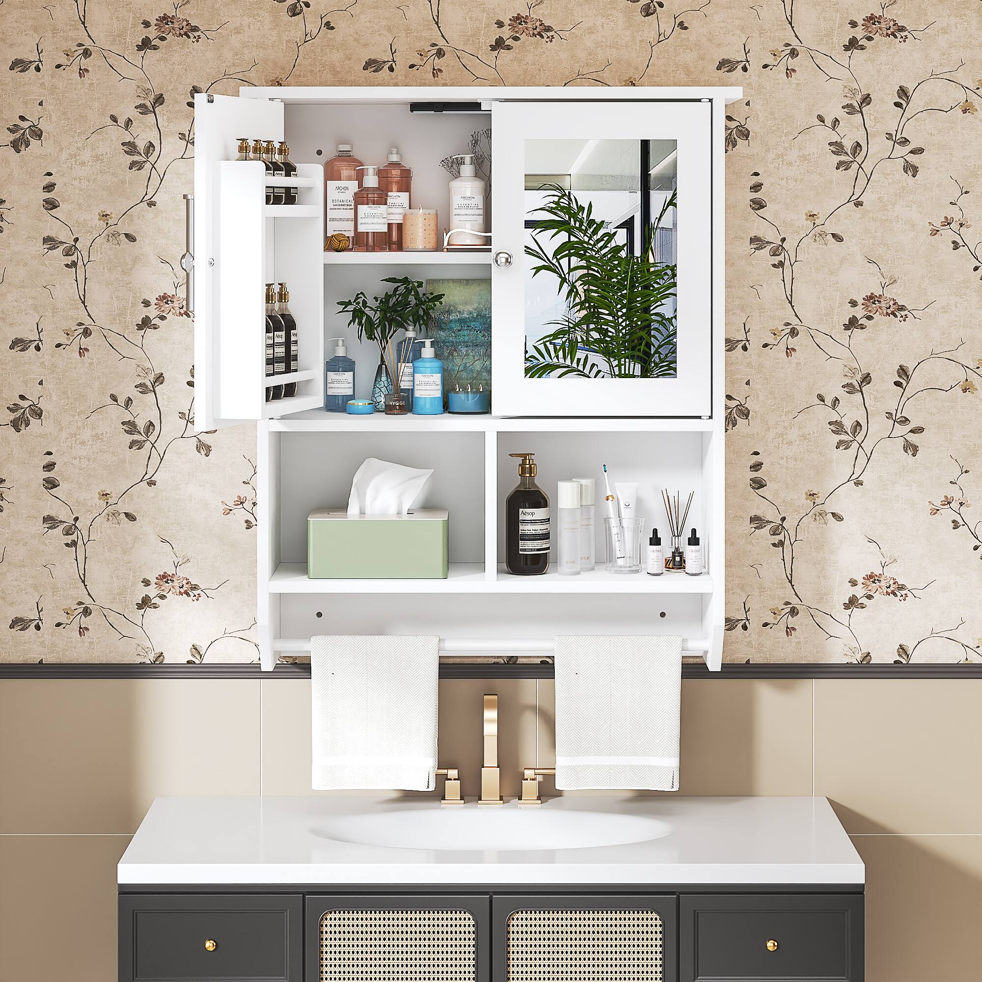 Alt View 4. Vecelo - Bathroom Medicine Cabinet with Motion Sensor LED Light, Wall Mounted Storage Cabinet with Shelves - White.