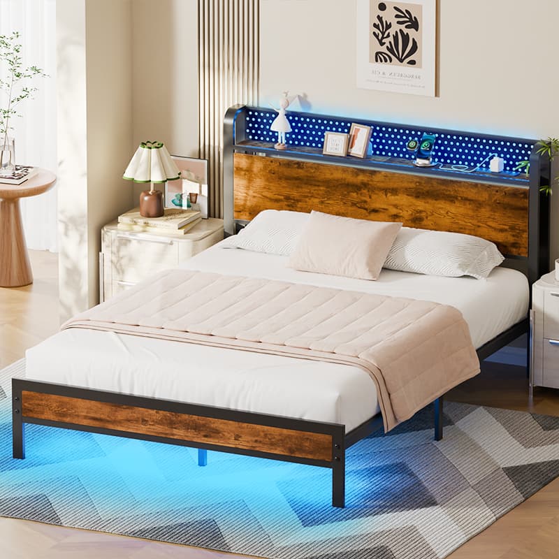 Furnulem - Queen Bed Frame with Charging Station and LED Lights - Brown