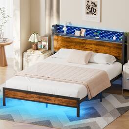 Furnulem - Queen Bed Frame with Charging Station and LED Lights - Brown