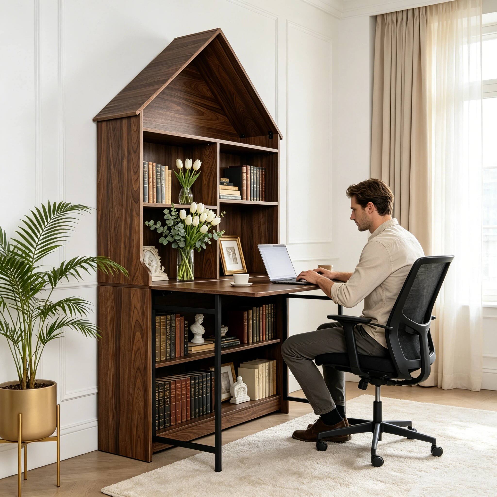 Alt View 6. Bestier - Bookcase with Fold Out Desk, 73in Tall Arched Foldable Convertible Writing Table, Space-Saving Storage Cabinet - Walnut.
