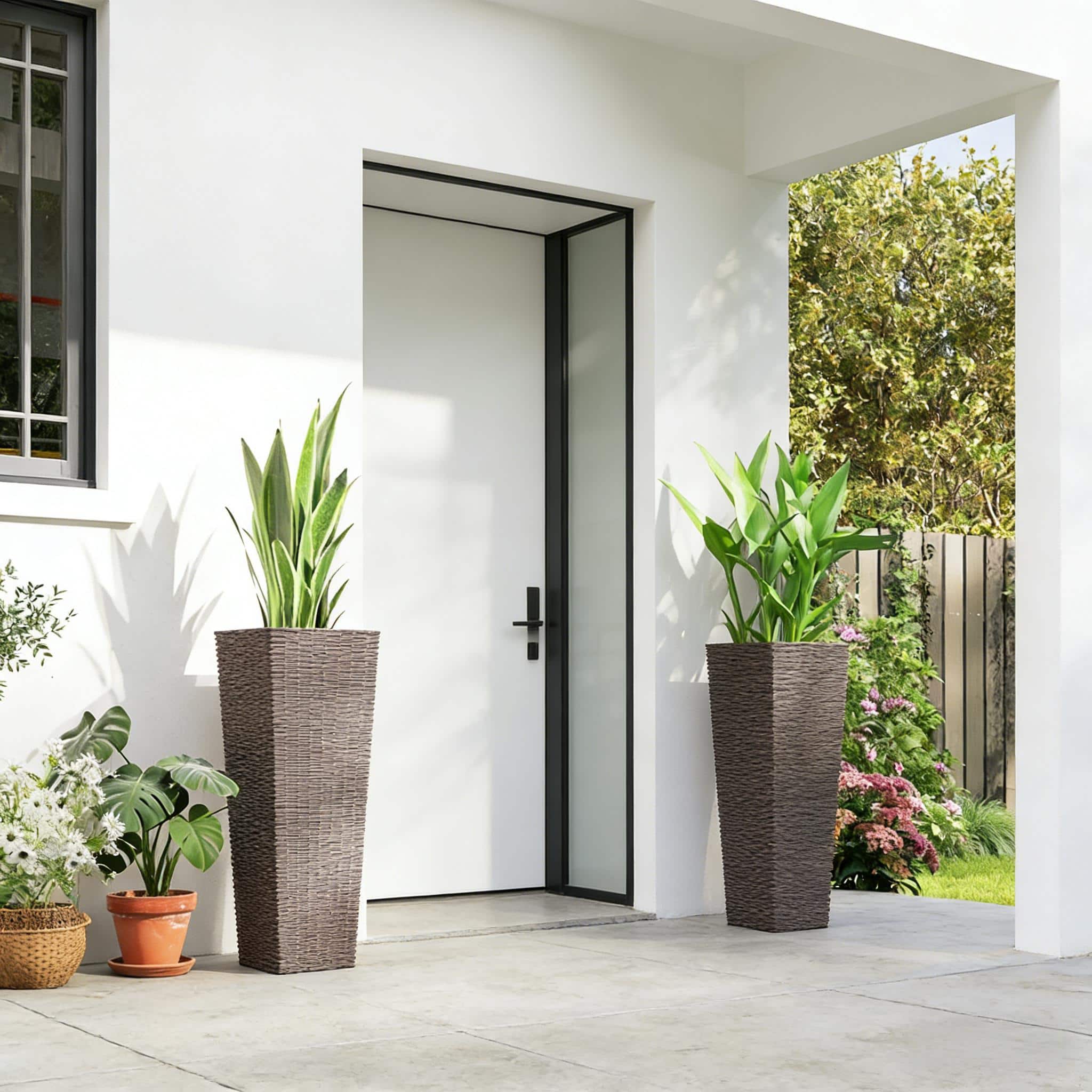 Tenleaf - Flower Box Set of 2 Flower Pots Tall Planters Brown