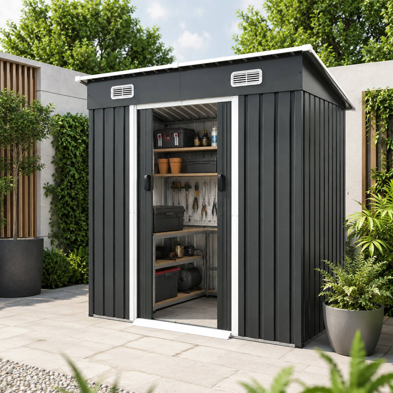 Back. Anysun - 6x4ft Metal Shed – Sliding-Door Outdoor Storage Building with Ventilation Vents & Threshold (6.43 x 4 FT) - Black.