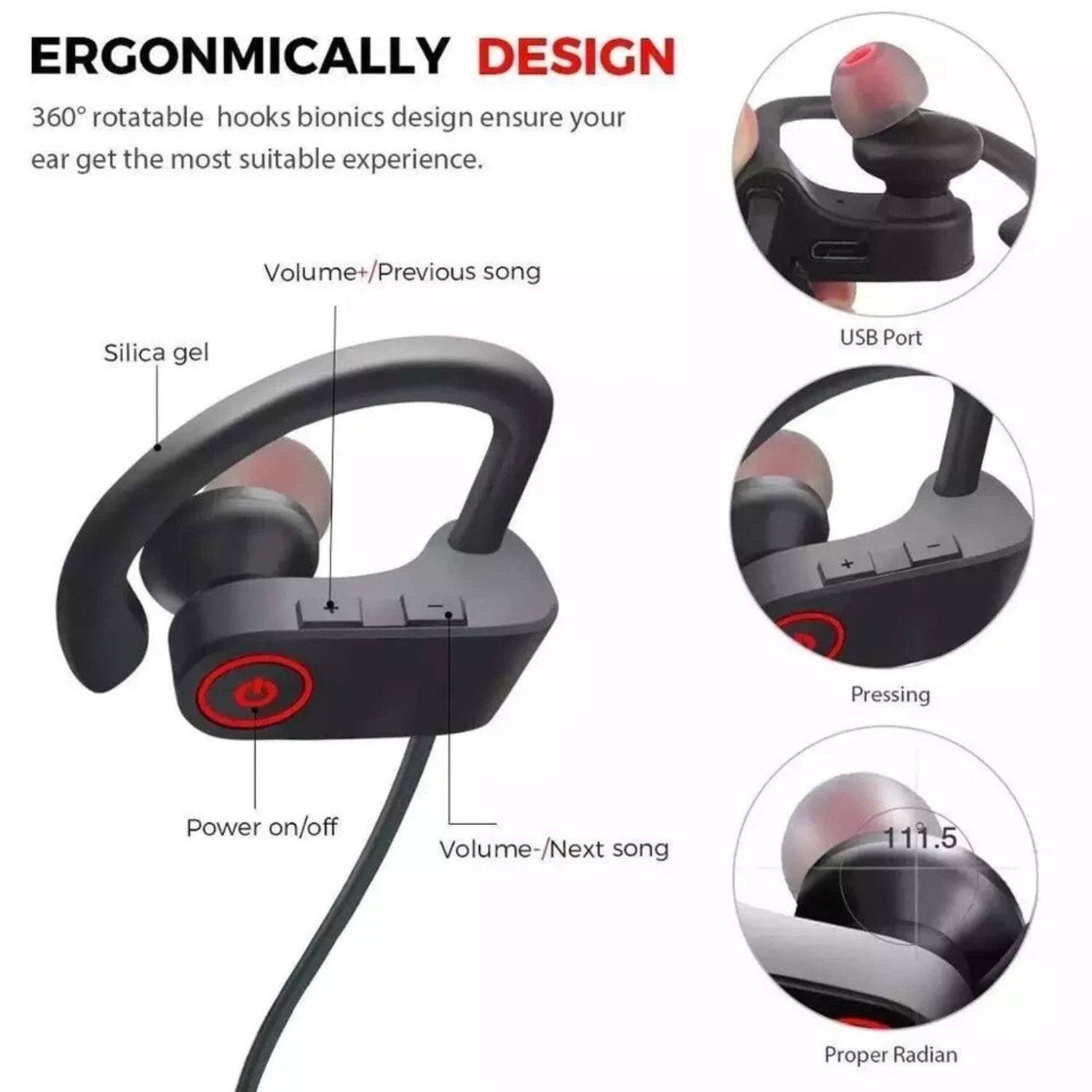ERGONOMICALLY DESIGN

360° rotatable hooks bionics design ensure your ear get the most suitable experience.

- Volume+/Previous song
- Power on/off
- Volume-/Next song
- USB Port
- Pressing
- Proper Radian (111.5°)

Silica gel