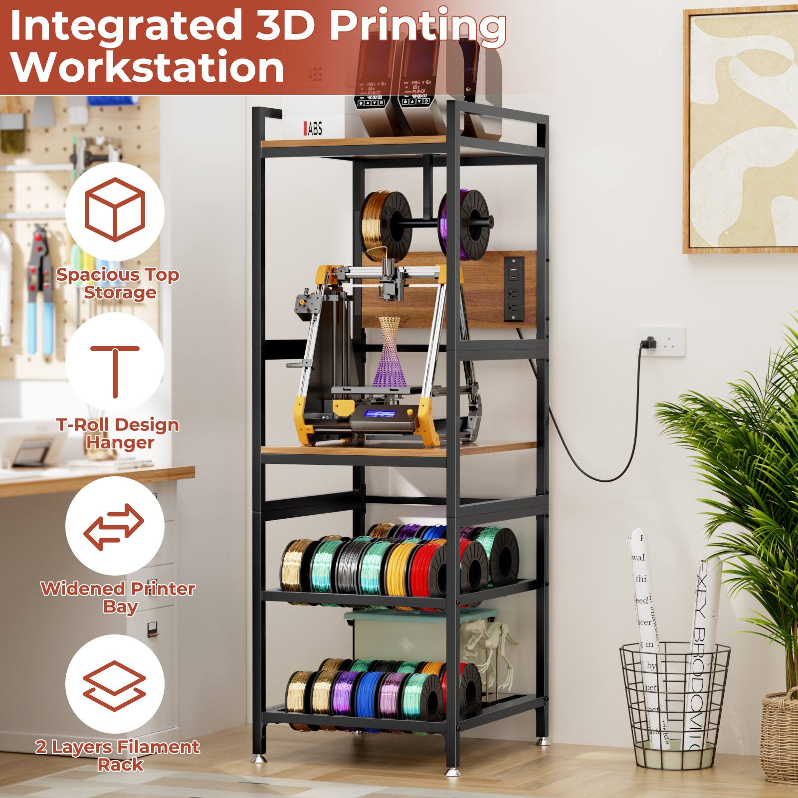 Integrated 3D Printing Workstation

- Spacious Top Storage
- T-Roll Design Hanger
- Widened Printer Bay
- 2 Layers Filament Rack