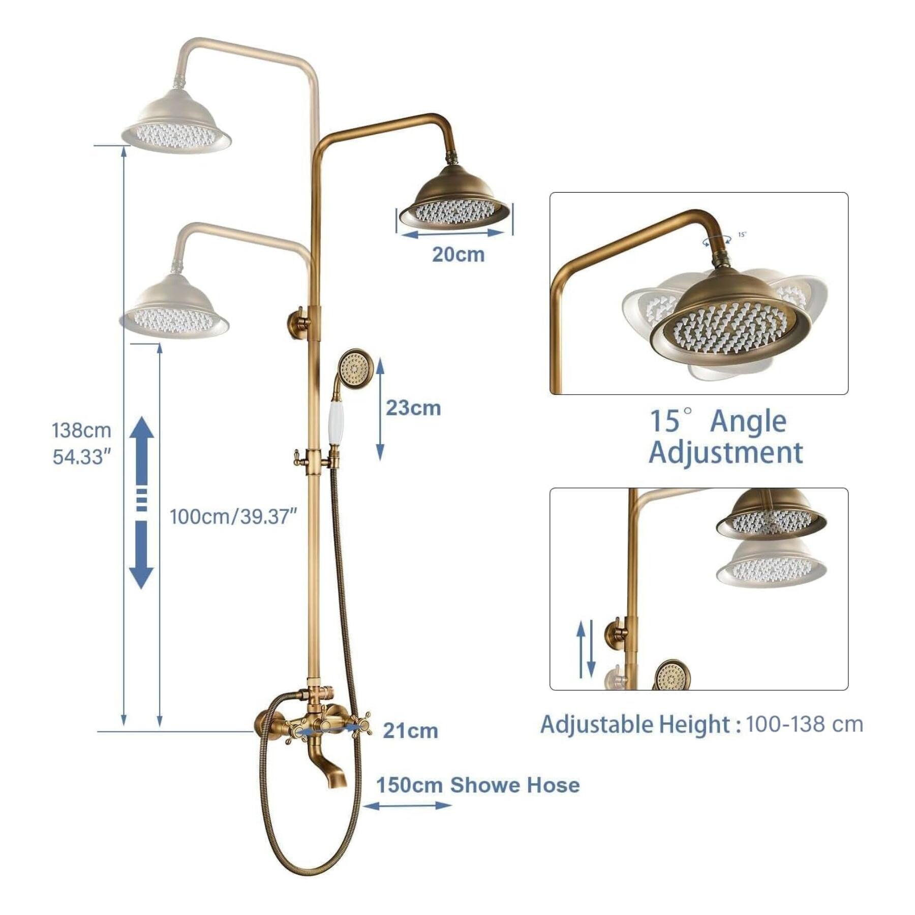 - 20cm
- 138cm (54.33")
- 23cm
- 15° Angle Adjustment
- 100cm/39.37"
- 21cm
- Adjustable Height: 100-138 cm
- 150cm Showe Hose