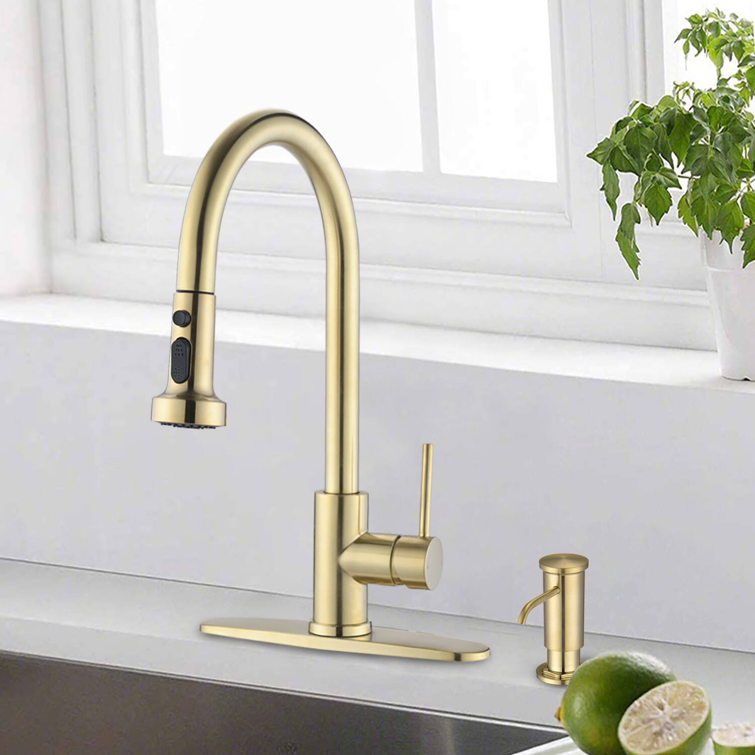 Alt View 4. Siljoy - Stainless Steel Pull Down Kitchen Faucet with Soap Dispenser Brushed Gold - Brushed Gold.