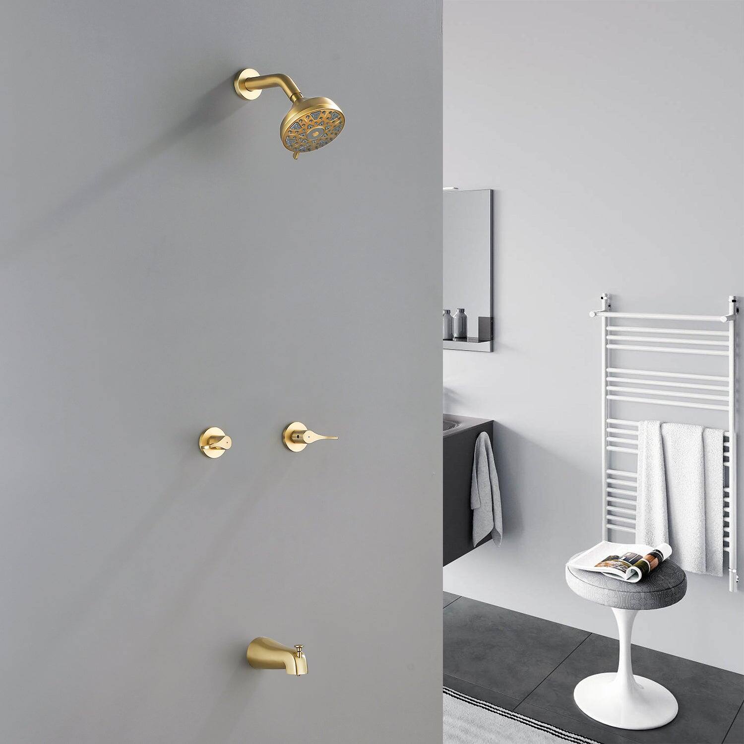 Alt View 2. Boyel Living - Brushed Gold Shower Set with 6 Function ABS Shower Head Dual Handle Control and High Flow Tub Spout - Brushed Gold.