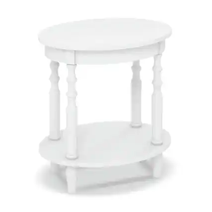 Front. Kadyn - 2-Tier Oval Side Table with Storage Shelf and Solid Wood Legs-White, Nightstand Small Side Table, End Table for Bedroom - White.