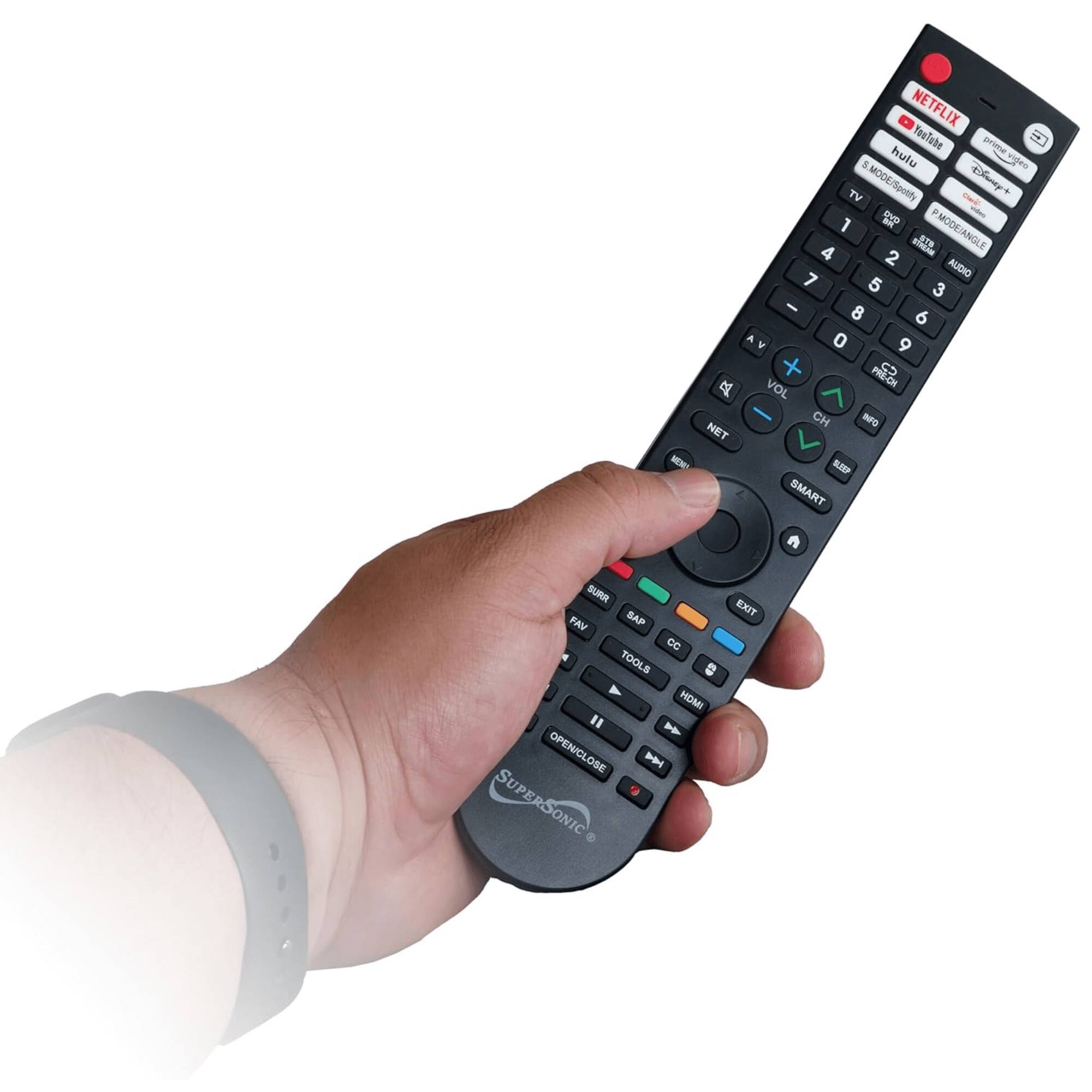 Sure, here is the corrected and grouped text from the image:

**Top Section:**
- NETFLIX
- TOS TV
- prime
- 3
- hulu
- prime video
- vigee TV
- MODE
- Spotify
- Caney
- 1
- PMODEJANGLE
- BTO
- 4
- 2
- AUDIO
- 7
- 5
- 3
- -
- 8
- 6
- A
- 0
- 9
- +
- PRE-CH
- 0
- VOL
- H
- INFO
- NET
- MEM
- SIFP
- SMART
- SURR
- FAV
- SAP
- ce
- TOOLS
- HOMI
- "OPEN/CLOSE
- SUPERSONIC
- EXIT

**Bottom Section:**
- VOL
- CH
- NET
- MEM
- SMART
- SURR
- FAV
- SAP
- TOOLS
- HOMI
- OPEN/CLOSE
- EXIT

**Brand:**
- SUPERSONIC