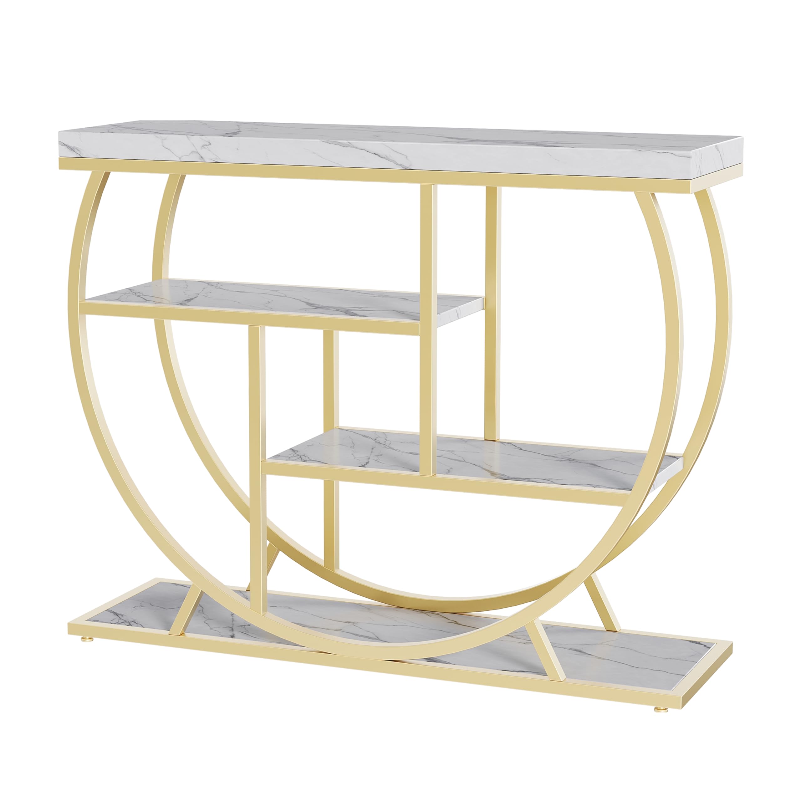 Alt View 4. Qeetex - Entryway Table with 4-Tier Storage, 39" Narrow Console Table for Living Room, Hallway & Foyer, Half-Circle Base - Gold & White.