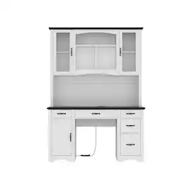 Famapy - Computer Desk with Hutch: Built - in Cable Management & Ample Storage - White