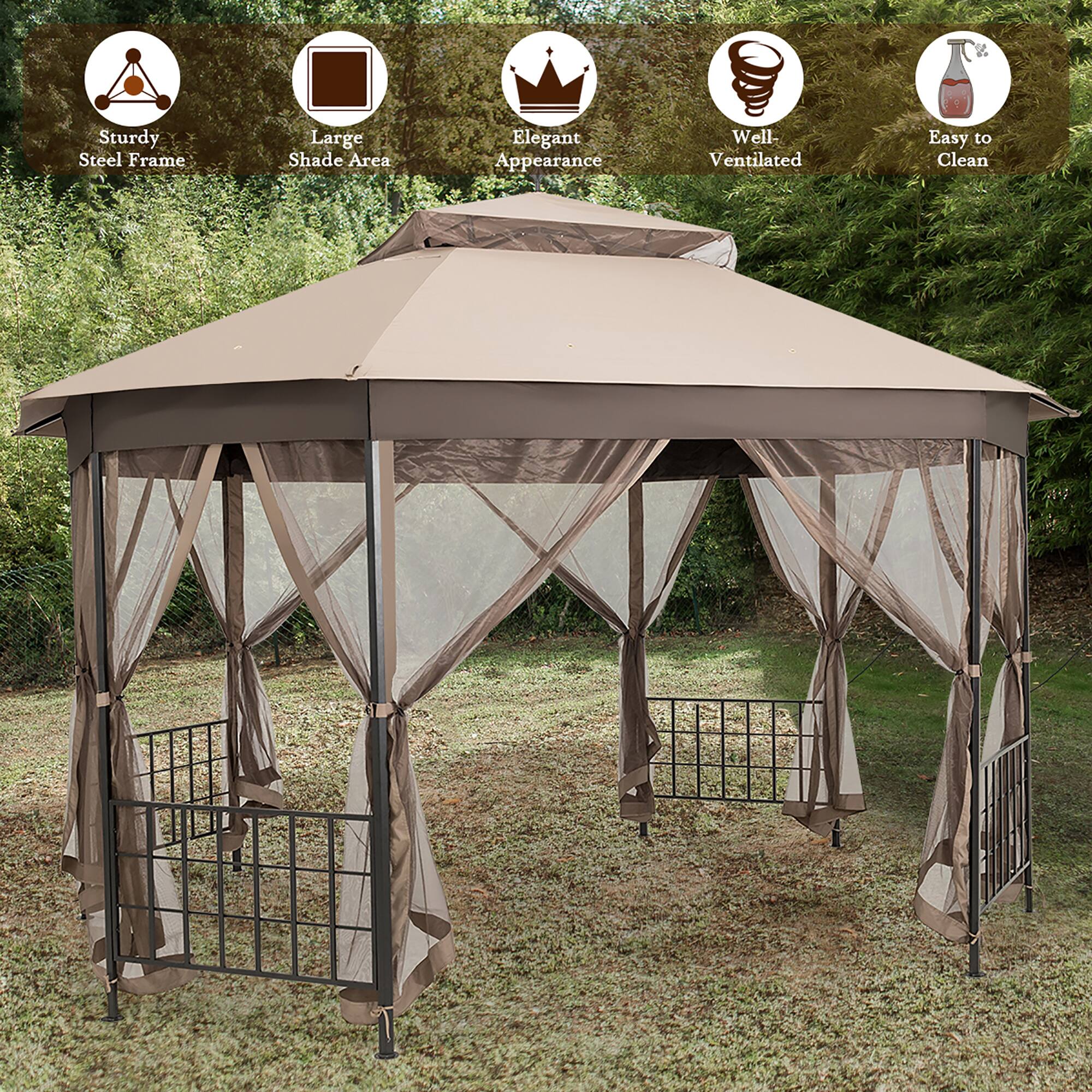 - Sturdy Steel Frame
- Large Shade Area
- Elegant Appearance
- Well-Ventilated
- Easy to Clean