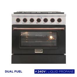 Kucht - 36" Dual Fuel Range for LP, SS/Black Door, Black Knobs, Rose Gold Handle & Rings, Convection Oven - Black & Rose Gold