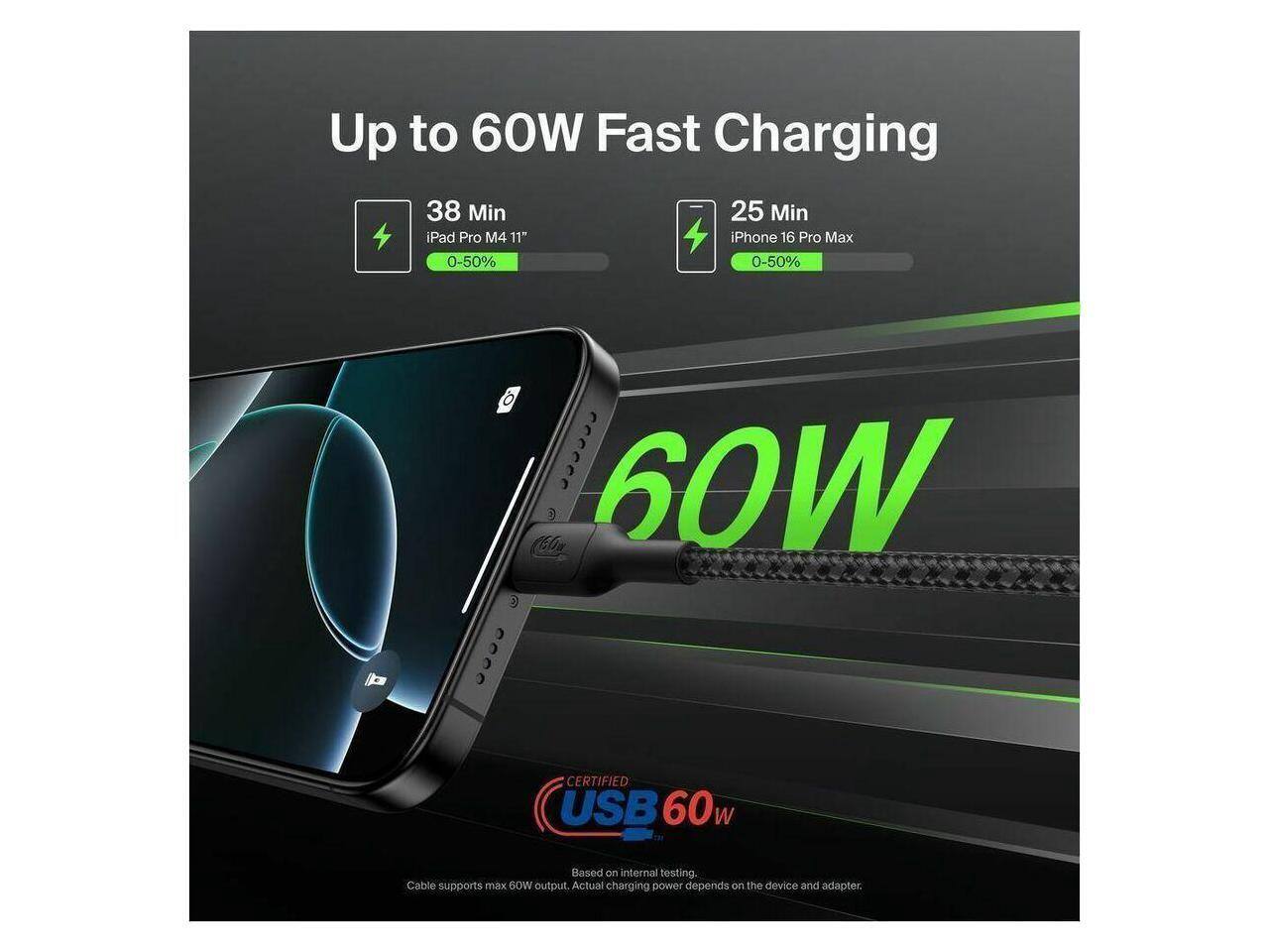 Up to 60W Fast Charging

- iPad Pro M4 11" 0-50% in 38 Min
- iPhone 16 Pro Max 0-50% in 25 Min

CERTIFIED USB 60W

Based on internal testing. Cable supports max 60W output. Actual charging power depends on the device and adapter.