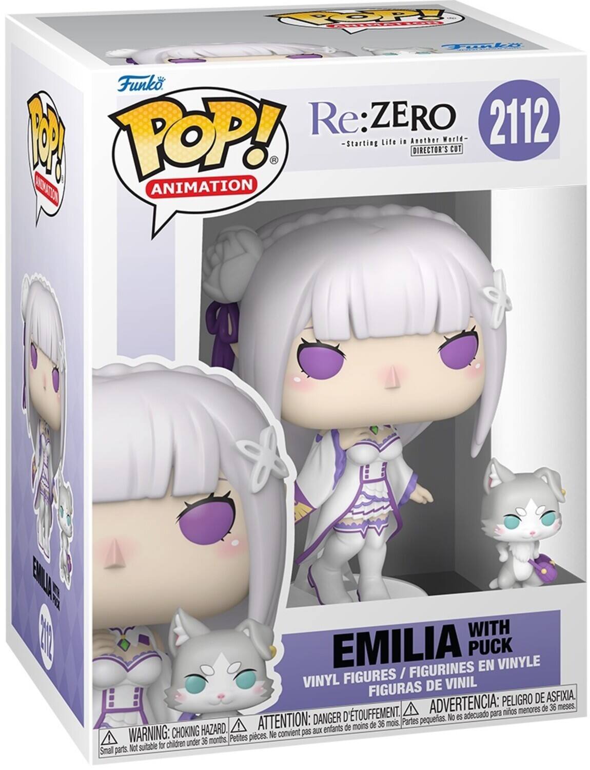 Re:ZERO  
2112  
Starting Life in Another World  
Director's Cut  

Funko POP! Animation  

Emilia with Puck  

Vinyl Figures / Figurines en Vinyle / Figuras de Vinil  

Warning: Choking Hazard. Small parts. Not suitable for children under 36 months.  
Attention: Danger d'étouffement. Petites pièces. Ne convient pas aux enfants de moins de 36 mois.  
Advertencia: Peligro de asfixia. Partes pequeñas. No es adecuado para niños menores de 36 meses.