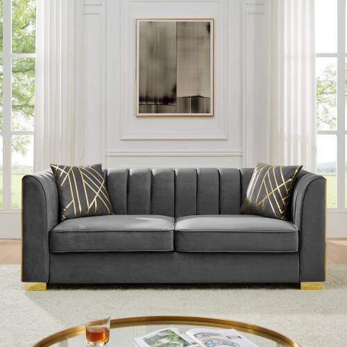 Angle. Anysun - 81" 3-Seat Velvet Chesterfield Sofa with 2 Pillows - Button Tufted, Gold Stainless Steel Accents for Living Room. - Gray.