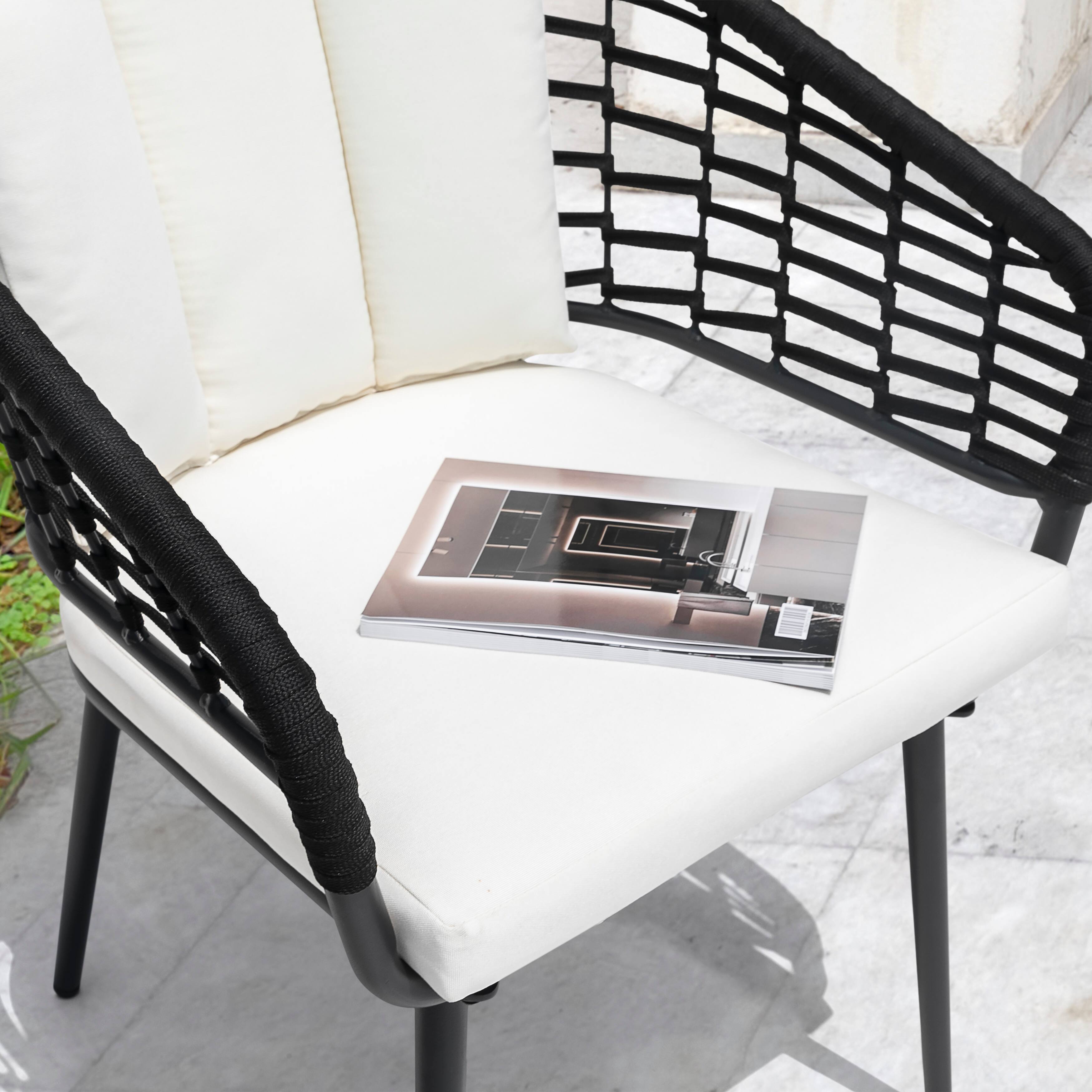 Alt View 8. Nuu Garden - Outdoor Patio Woven Rope Metal Chairs with 2.4" Thick Cushions - Black and Beige.