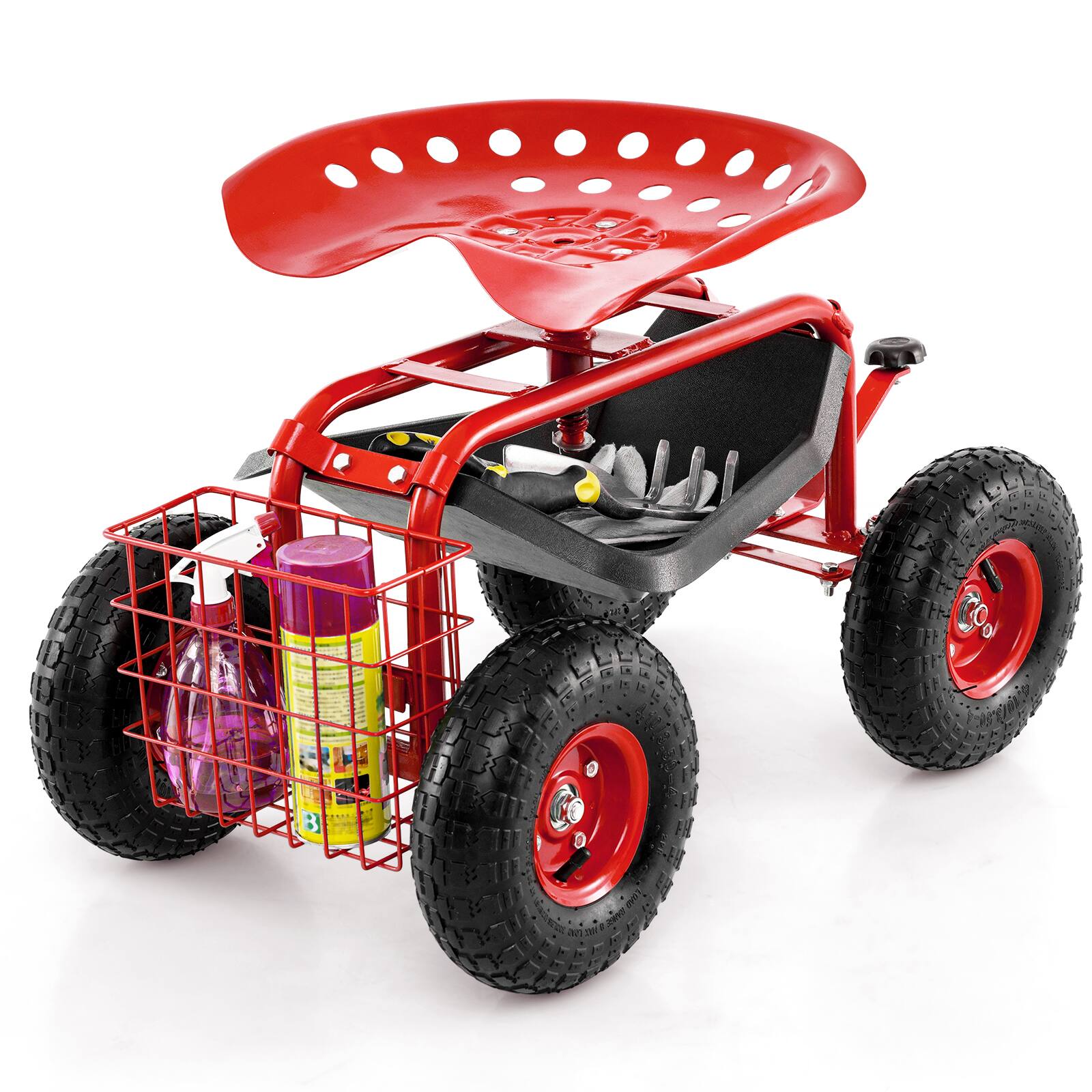 Alt View 6. SKONYON - Metal Garden Cart with Deep Storage Basket Large Wheels and Easy Maneuvering Design - Red.