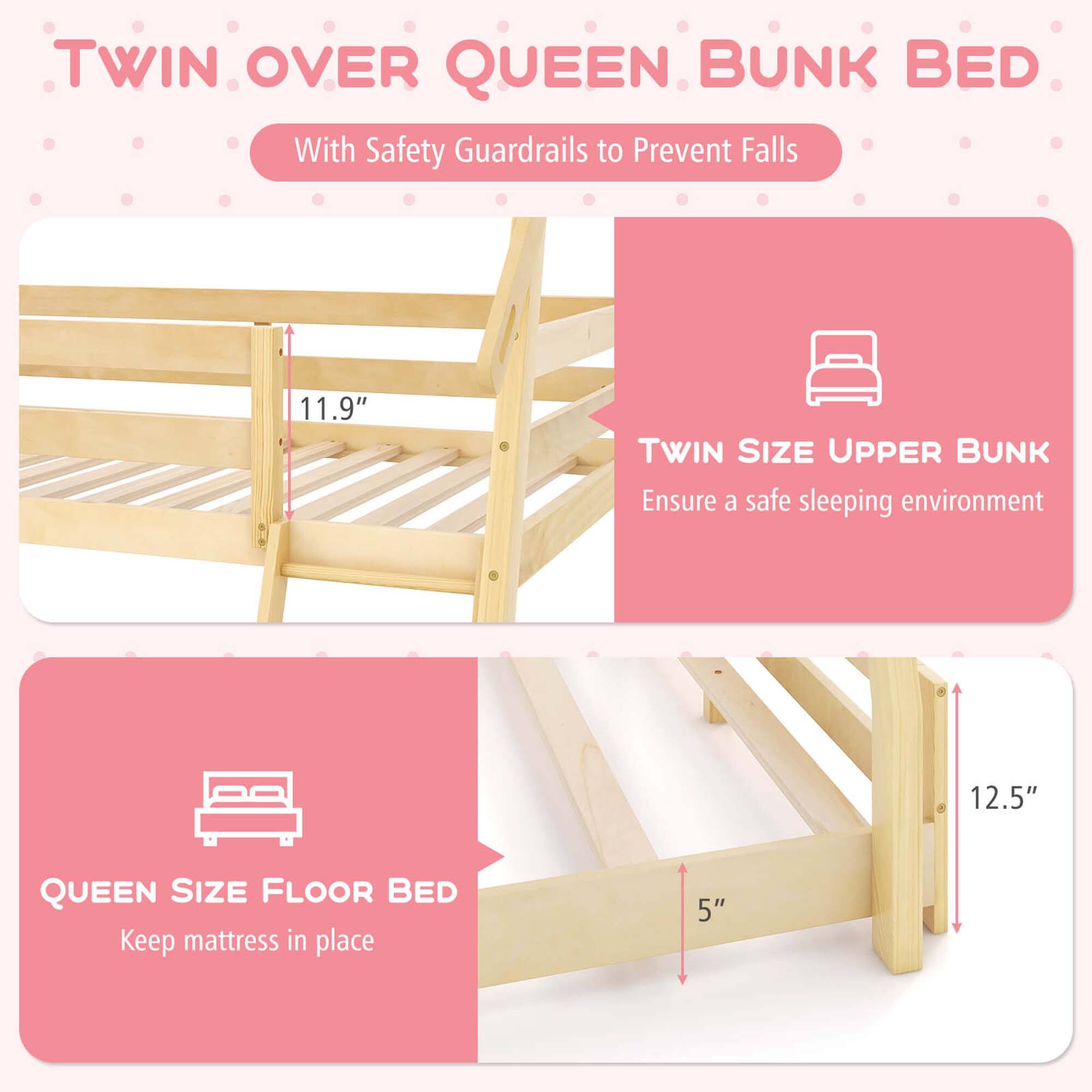 Twin Over Queen Bunk Bed With Safety Guardrails to Prevent Falls: 11.9" Twin Size Upper Bunk and 12.5" Queen Size Floor Bed. Ensure a safe sleeping environment and keep mattress in place.