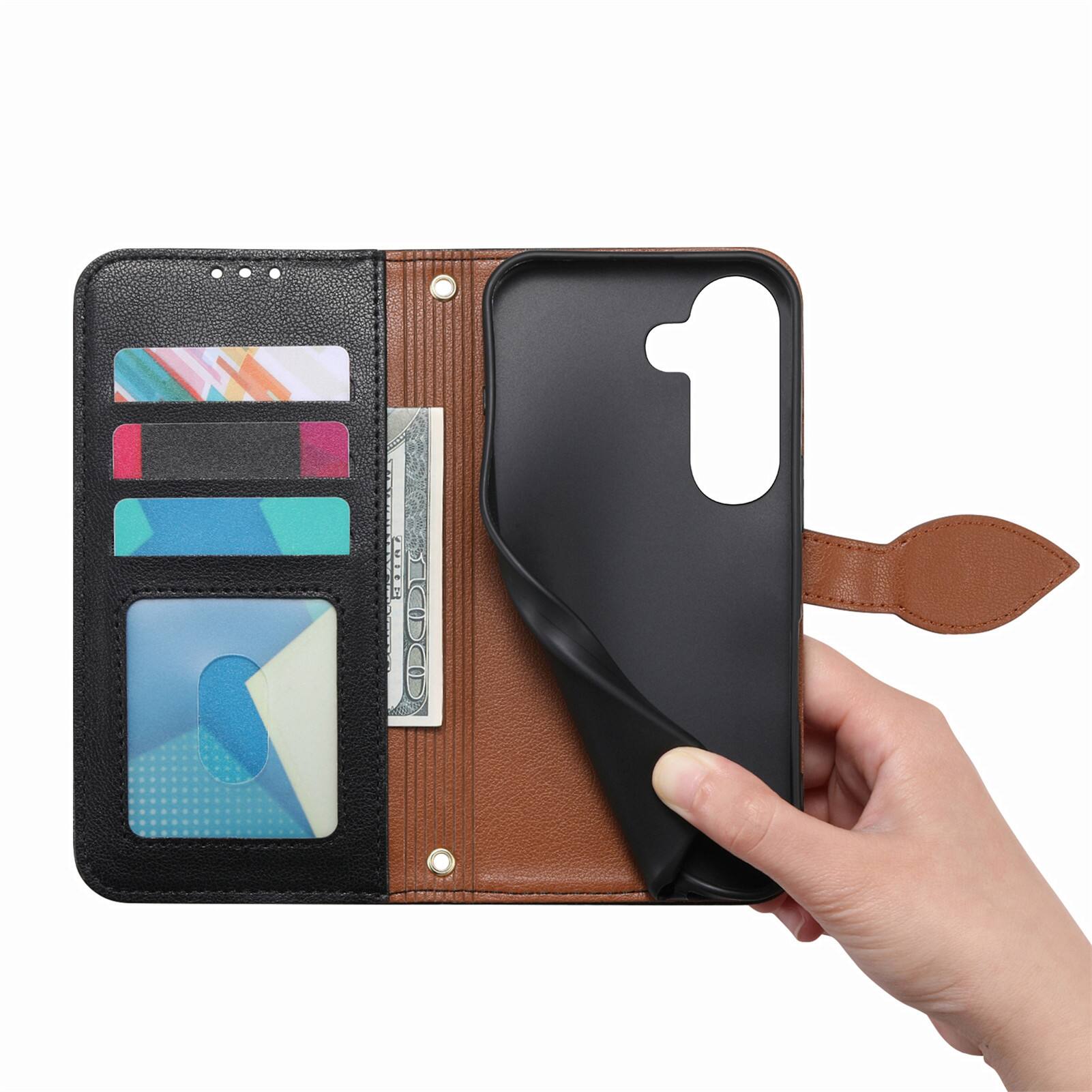 Angle. Dteck - for Samsung Galaxy S26+ Wallet Case,PU Leather Flip Zipper Card Slot Leaf-Buckle Shockproof Cover with Wrist Strap - Black.