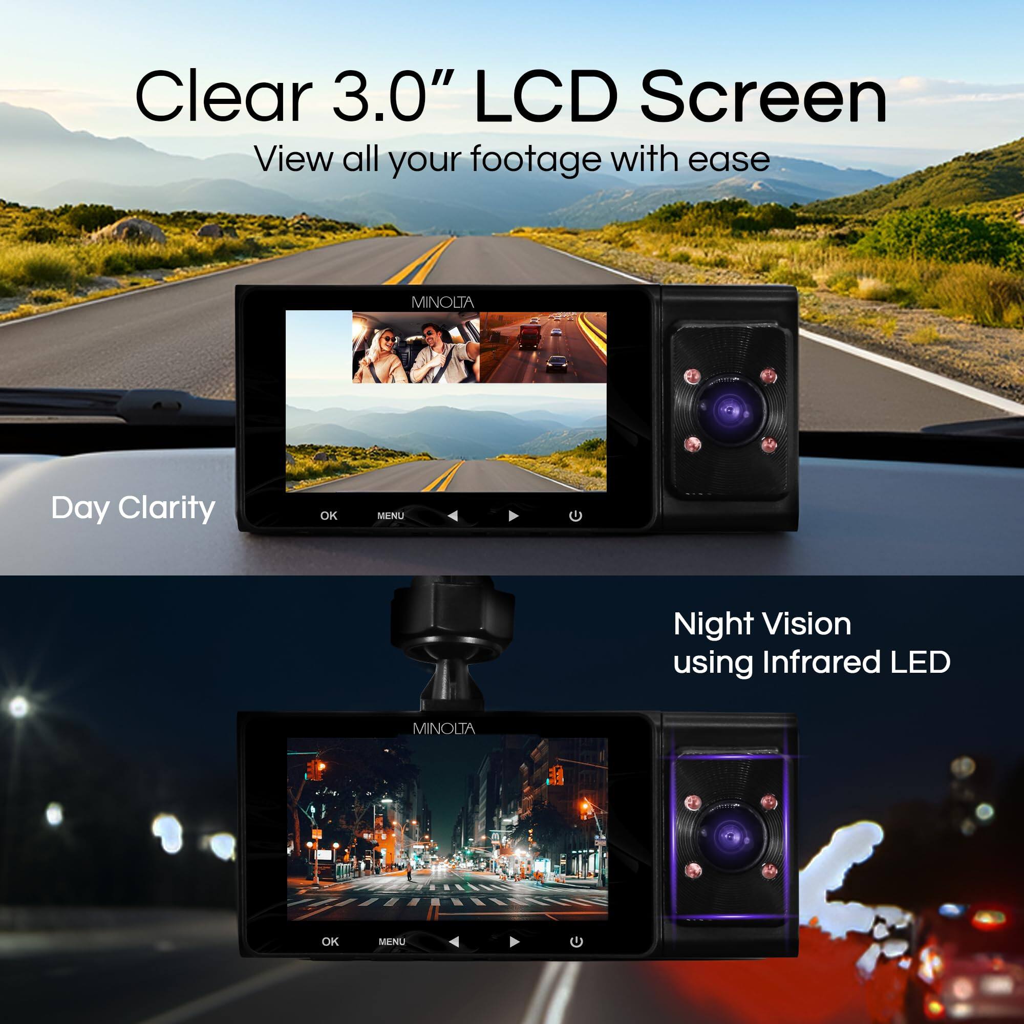 Clear 3.0" LCD Screen  
View all your footage with ease  

MINOLTA  
Day Clarity  
OK MENU  

MINOLTA  
Night Vision using Infrared LED  
OK MENU