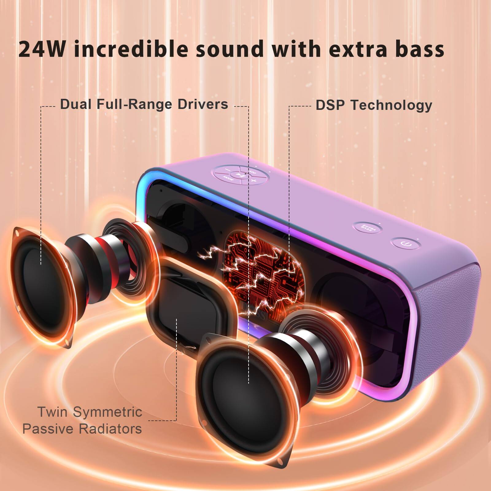 24W incredible sound with extra bass

- Dual Full-Range Drivers
- DSP Technology
- Twin Symmetric Passive Radiators