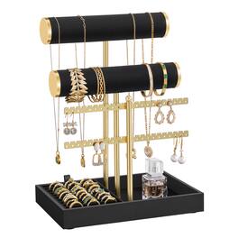 Songmics Home - Bracelet Holder Stand, Jewelry Display Stand, Jewelry Organizer, with 2 Tiers and Velvet Tray, Earring Organizer - Ink Black and Pale Gold