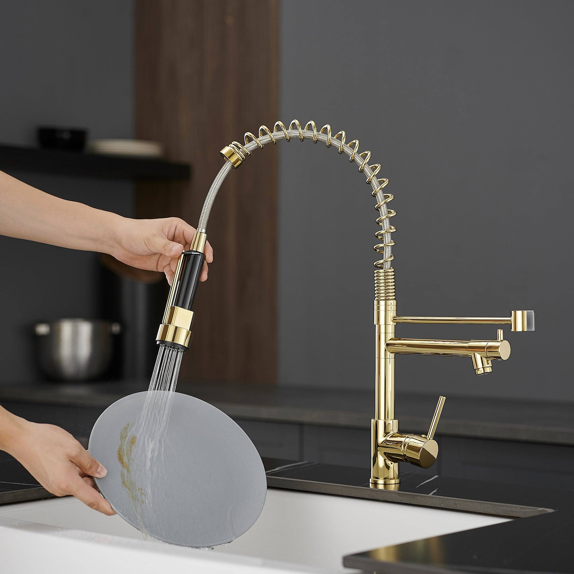 Alt View 7. Boyel Living - Contemporary Single Handle Gooseneck Pull Down Sprayer Kitchen Faucet Brushed Gold - Brushed Gold.
