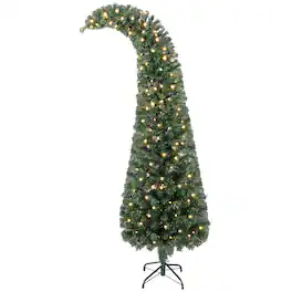 Homcom - Prelit Whimsical Slim Christmas Tree, High Mountain Fir, 200 Warm White LEDs, 8 Modes, 493 Tips, Metal Stand - Green