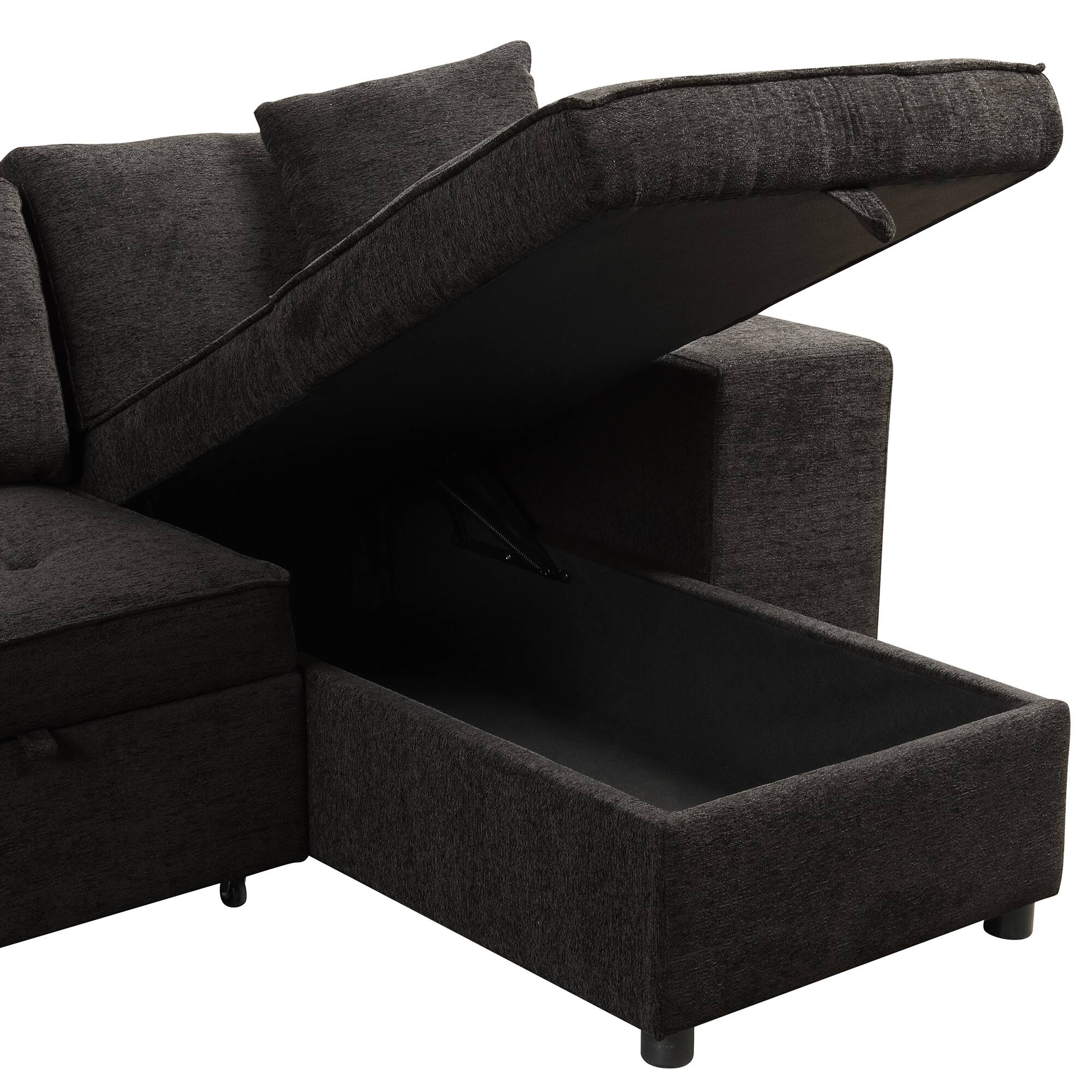 Alt View 2. LUCKY ONE - 104.5" L-Shape Reversible Pull-Out Sleeper Sectional Sofa with Storage Chaise & 2 Stools - Charcoal grey.