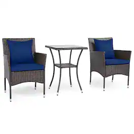 Gymax - Set of 3 Patio Wicker Bistro Set 2 Rattan Chairs w/Double-Tier Tempered Glass Table - Blue