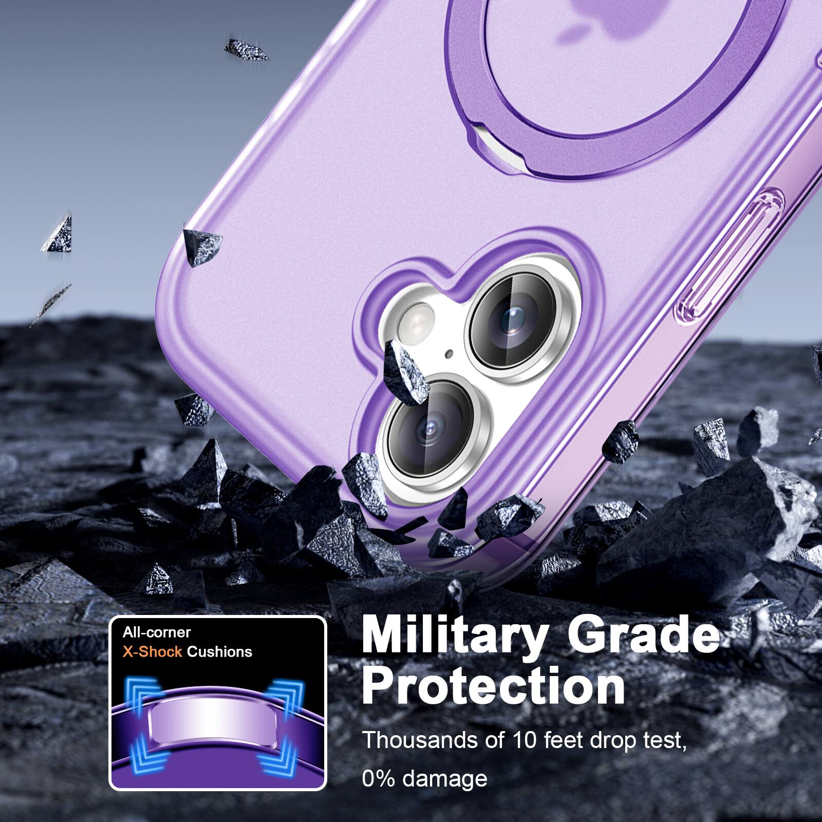 All-corner X-Shock Cushions  
Military Grade Protection  
Thousands of 10 feet drop test, 0% damage
