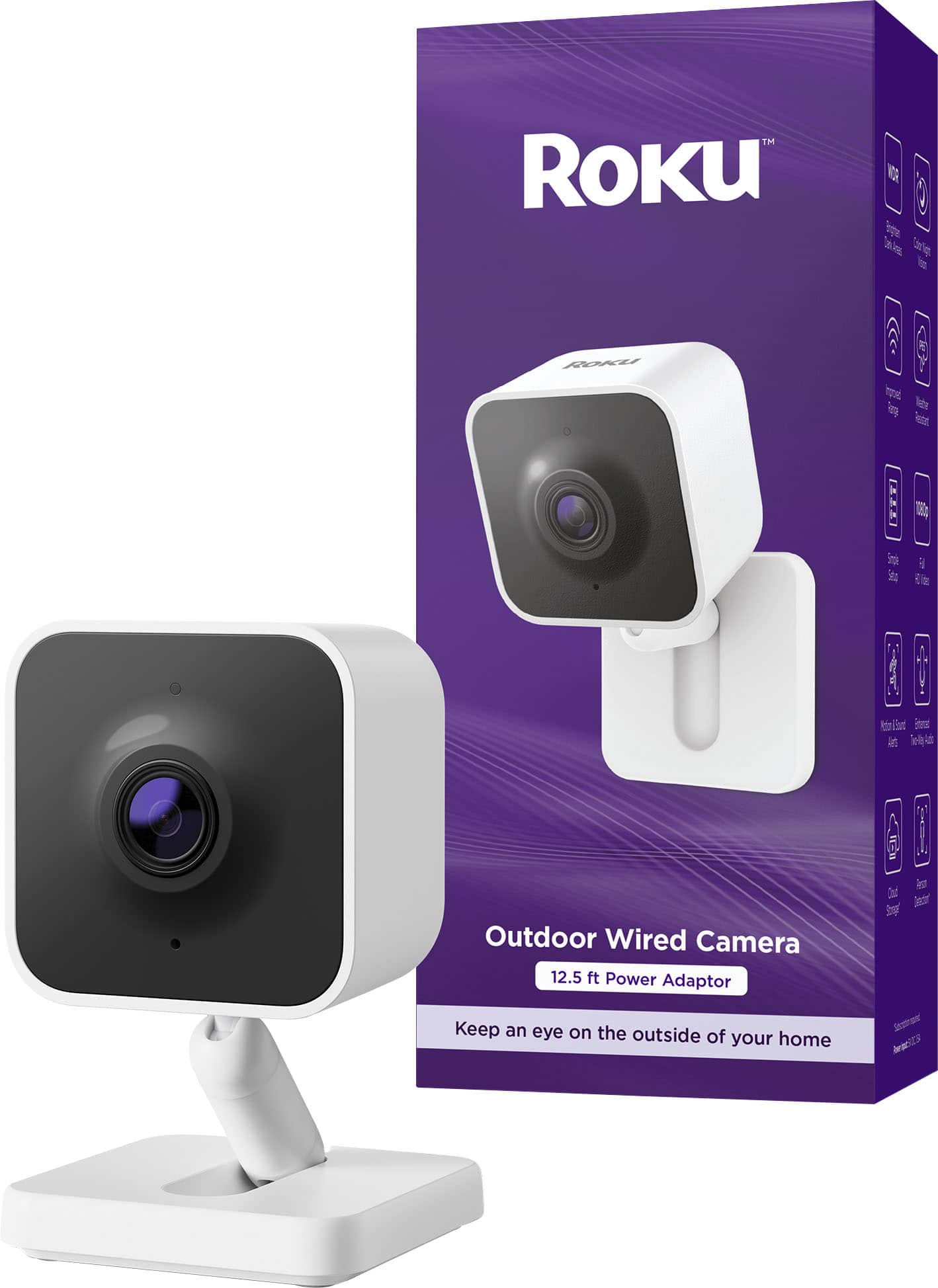 Roku - Outdoor Camera - Home Security - IP65 Weather Resistant Wired Security Camera with 1080p HD Night Vision - White - Front_Zoom