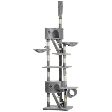 Front. Pawhut - Floor to Ceiling Cat Tree, 94.5"-102.5" Adjustable, Scratching Posts, Condos, Hammocks, Platforms, Balls - Light Gray.