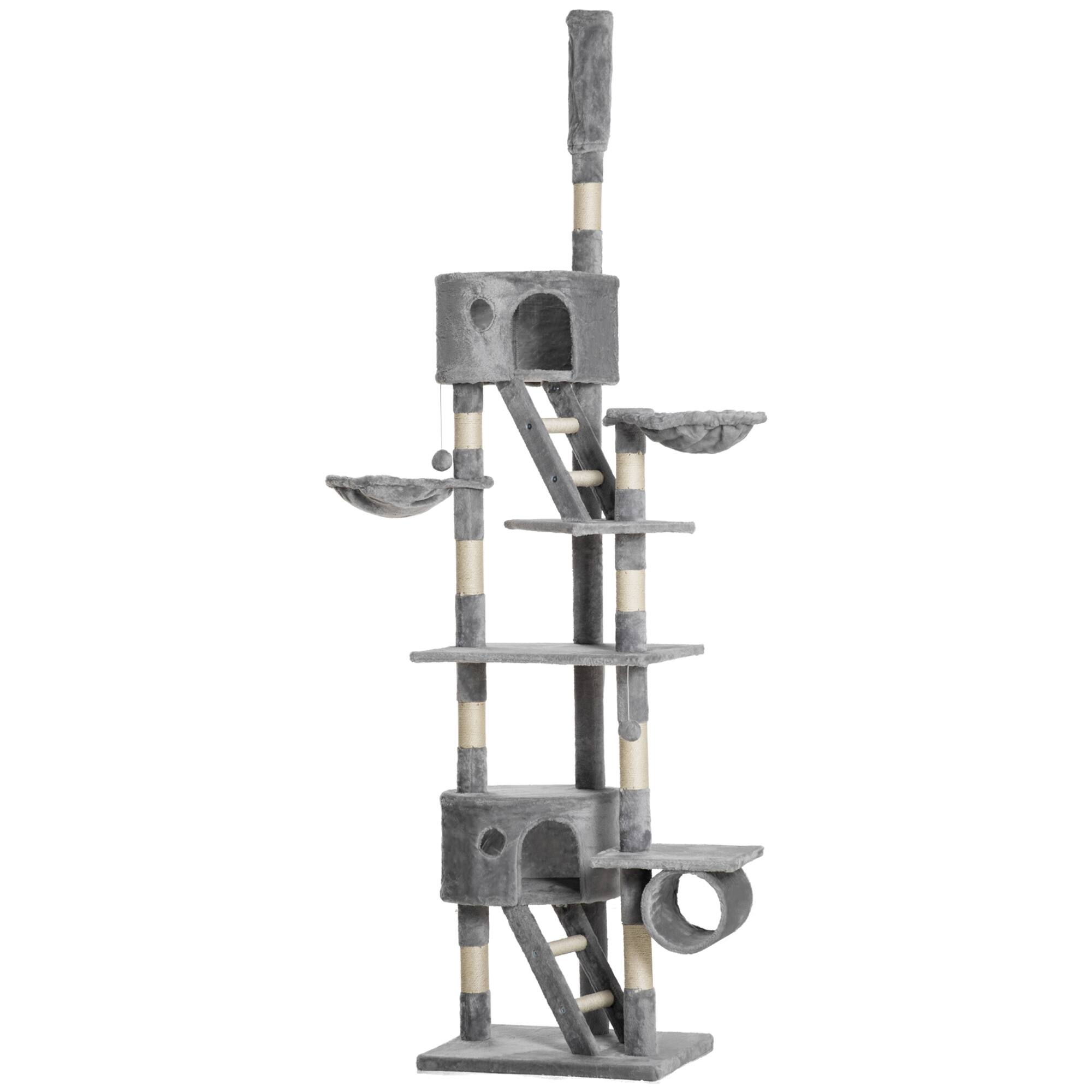 Front. Pawhut - Floor to Ceiling Cat Tree, 94.5"-102.5" Adjustable, Scratching Posts, Condos, Hammocks, Platforms, Balls - Light Gray.