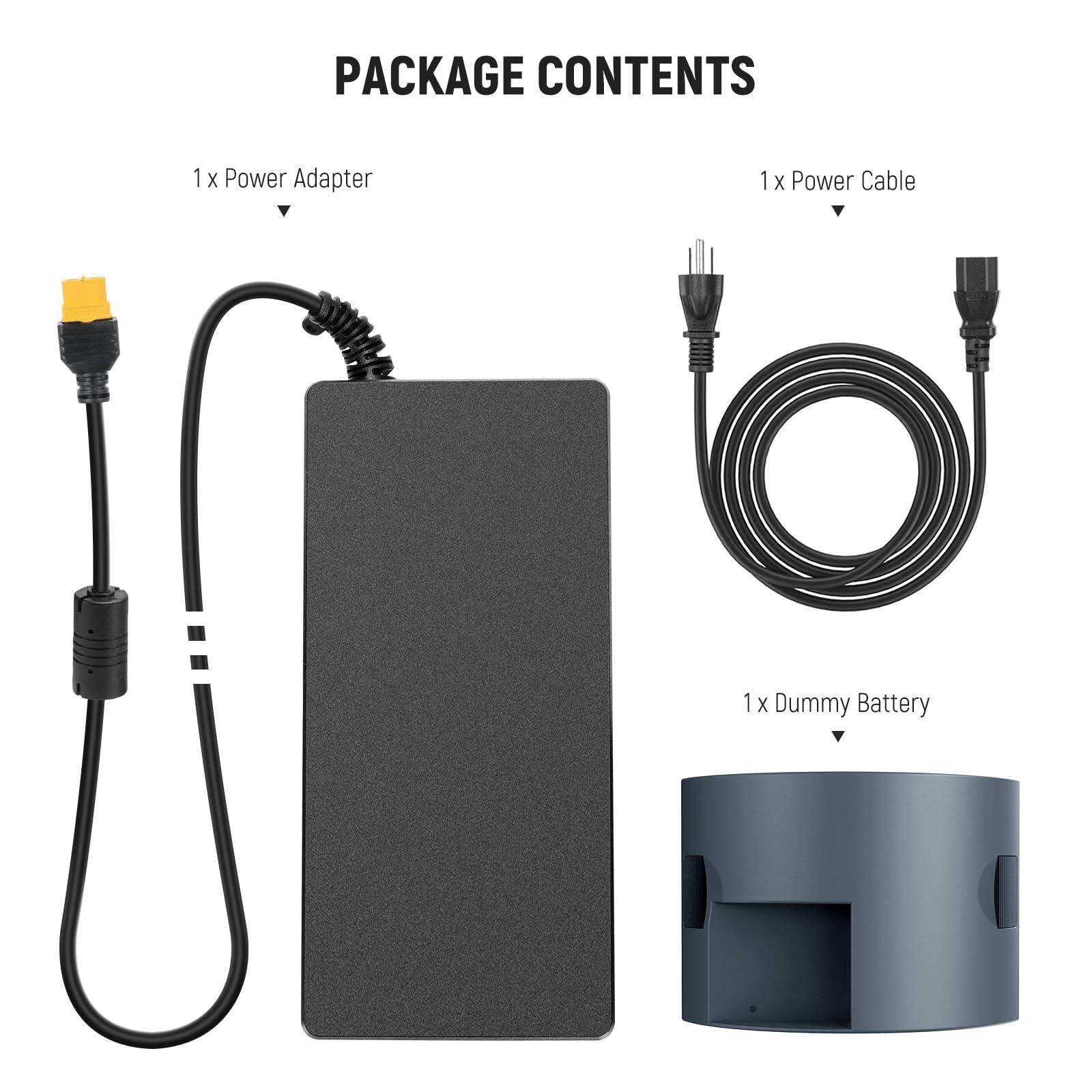 PACKAGE CONTENTS

1 x Power Adapter  
1 x Power Cable  
1 x Dummy Battery