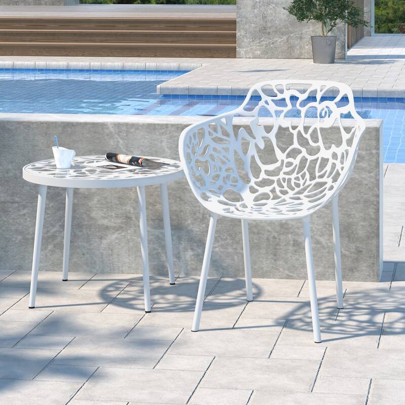 Angle. LeisureMod - Devon Stackable Aluminum Dining Chair with Floral Cutout Design Side Chair for Indoor Outdoor - White.