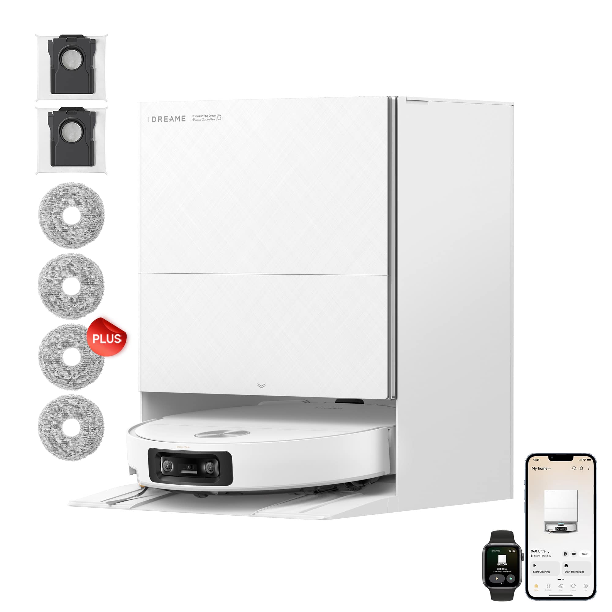 Dreame - X60 Ultra Kit Robot Vacuum and Mop, 3.13in Ultra-Thin, 35KPa Suction, Self Emptying&Refilling&Mop Cleaning - White