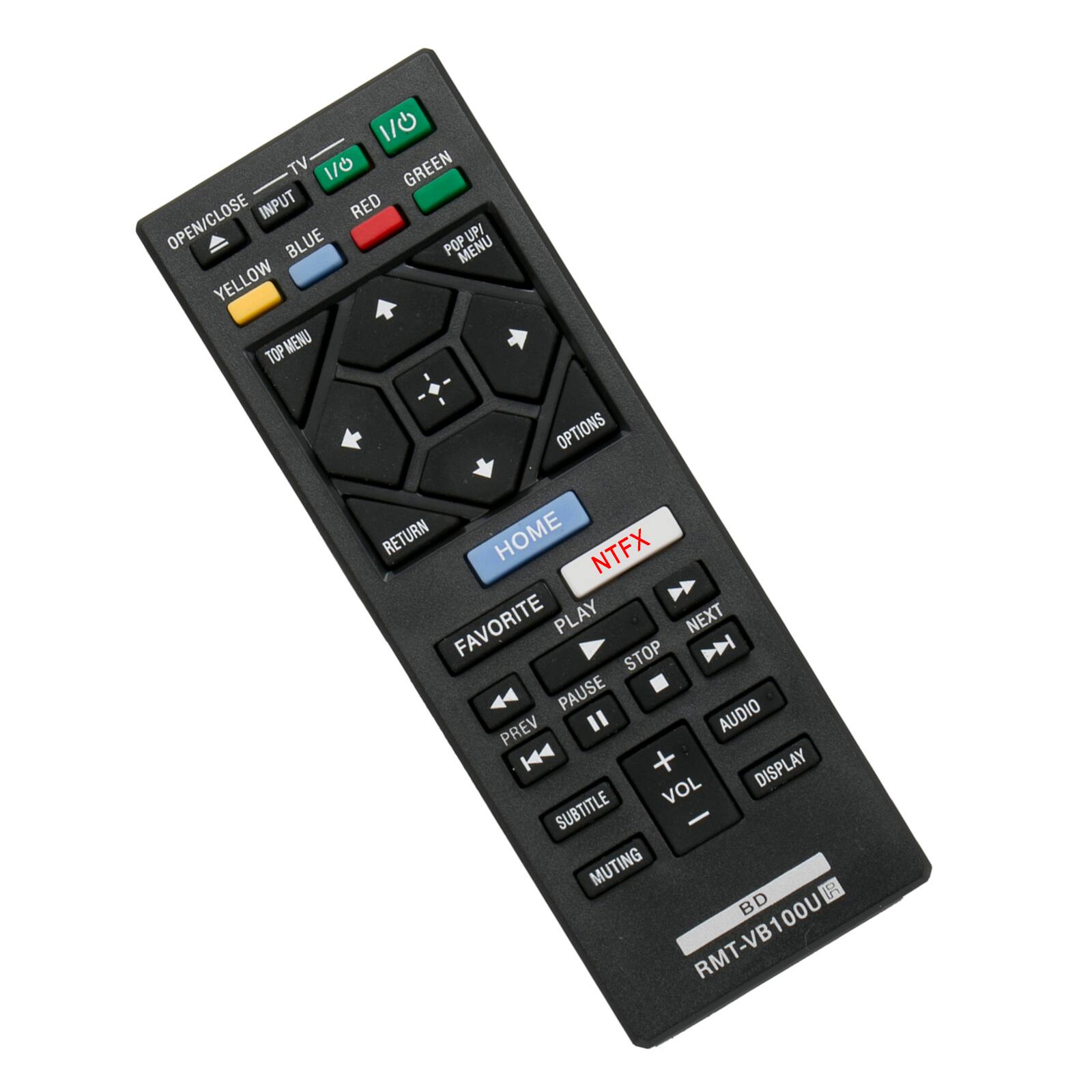 TV 1/0 GREEN INPUT RED OPEN/CLOSE BLUE POP MENU UP/ YELLOW TOP MENU OPTIONS RETURN HOME NTFX FAVORITE PLAY NEXT STOP D PAUSE PREV " AUDIO K DISPLAY VOL SUBTITLE MUTING 50 BD RMT-VB100U