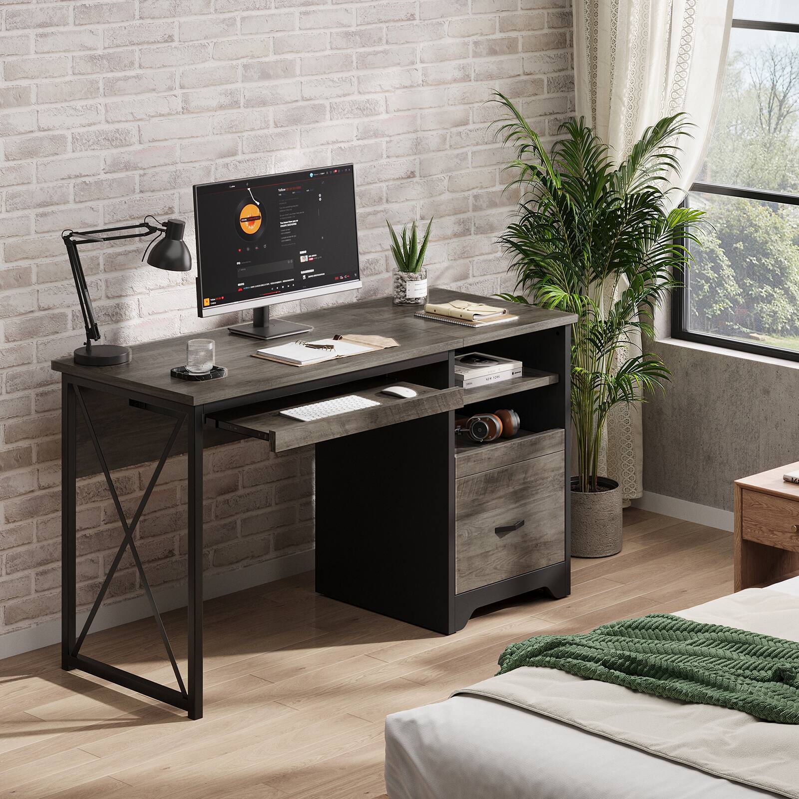 Alt View 2. Bestier - 47 inch Computer Reversible Desk with File and Storage Drawers with Keyboard Tray for Home Office - Grey Wash.