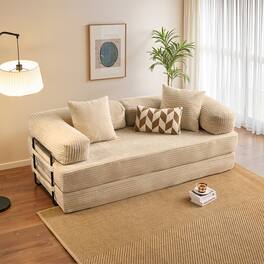 Ovios - 80" Convertible Sleeper Sofa Bed, Comfy Loveseat, Corduroy Modular Couch for Living Room - Beige