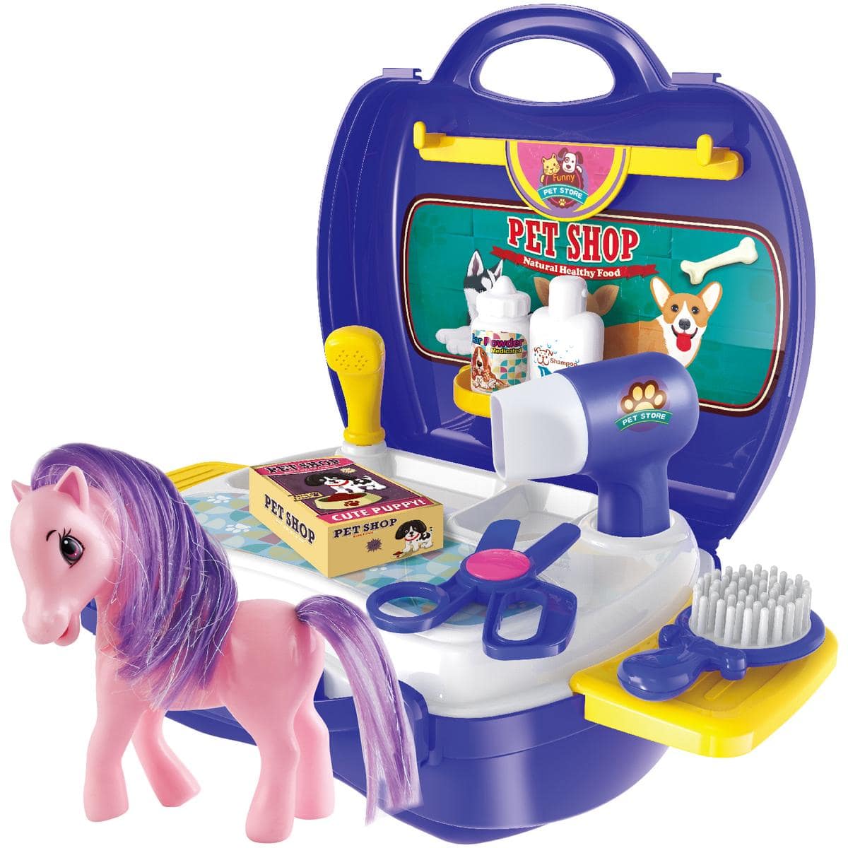JuzToys - 16pcs Pretend Play Toys for Kids – Pet Shop Toys with Pet Pony Toy, Portable Pet Store Toy Set with Case Playset – - Blue