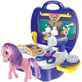 JuzToys - 16pcs Pretend Play Toys for Kids – Pet Shop Toys with Pet Pony Toy, Portable Pet Store Toy Set with Case Playset – - Blue