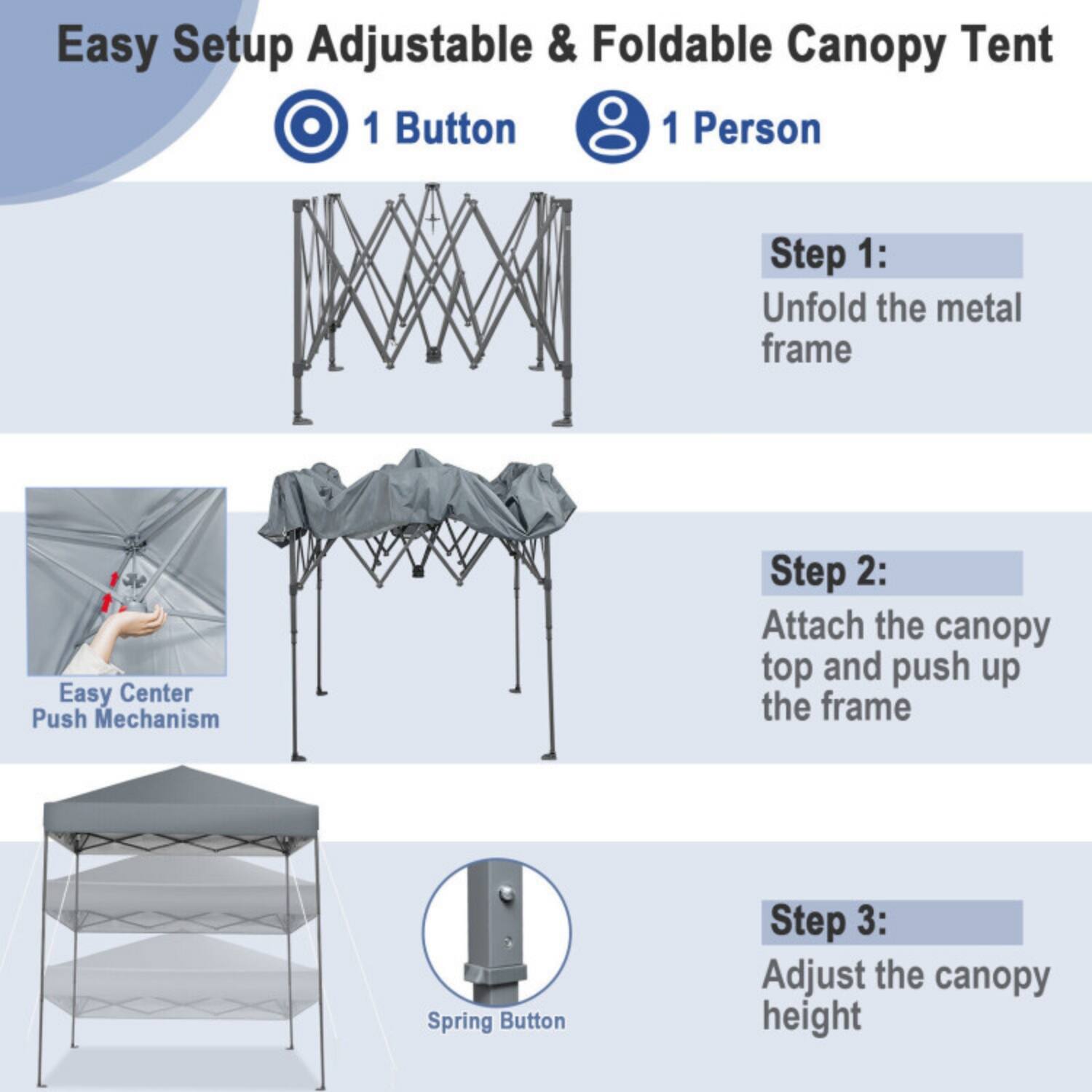 Easy Setup Adjustable & Foldable Canopy Tent  
1 Button  
1 Person  

Step 1:  
Unfold the metal frame  

Step 2:  
Attach the canopy top and push up the frame  

Step 3:  
Adjust the canopy height  

Easy Center Push Mechanism  
Spring Button